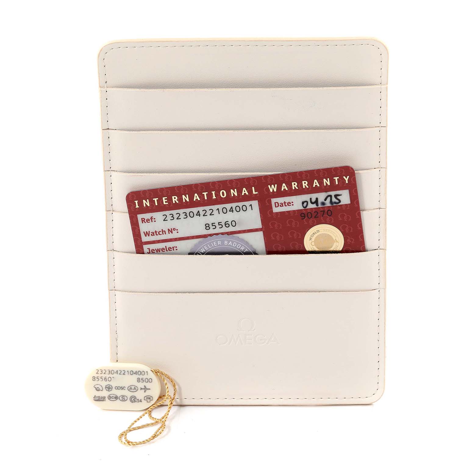 The image shows an Omega Planet Ocean 232.30.42.21.04.001 Men
s Stainless Steel White Dial 232.30.42.21.04.001 Men
s Stainless Steel White Dial warranty card and a leather holder from a front angle.