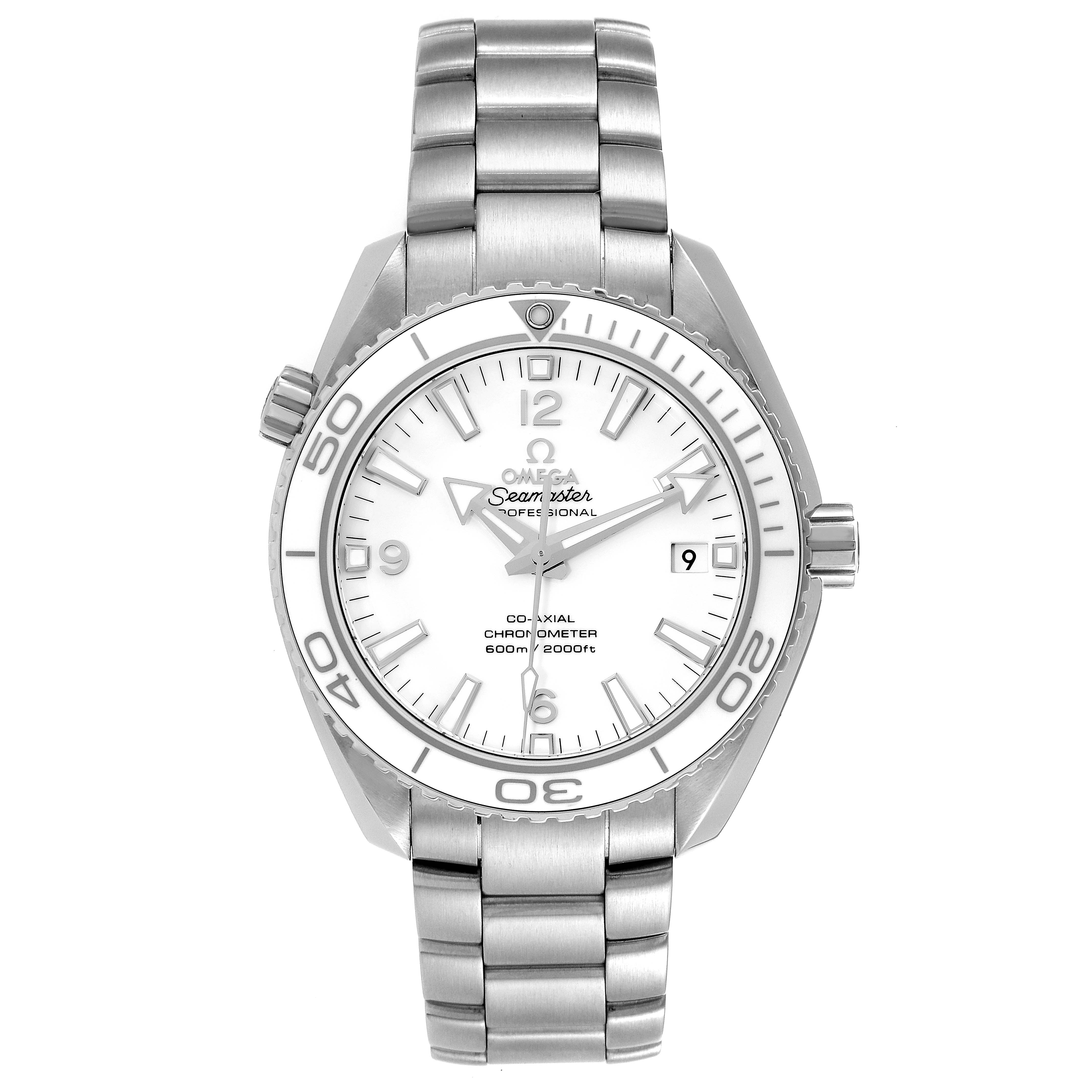 The image shows a front view of the Omega Planet Ocean 232.30.42.21.04.001 Men
s Stainless Steel White Dial 232.30.42.21.04.001 Men
s Stainless Steel White Dial model, displaying the dial, bezel, and a portion of the metal bracelet.