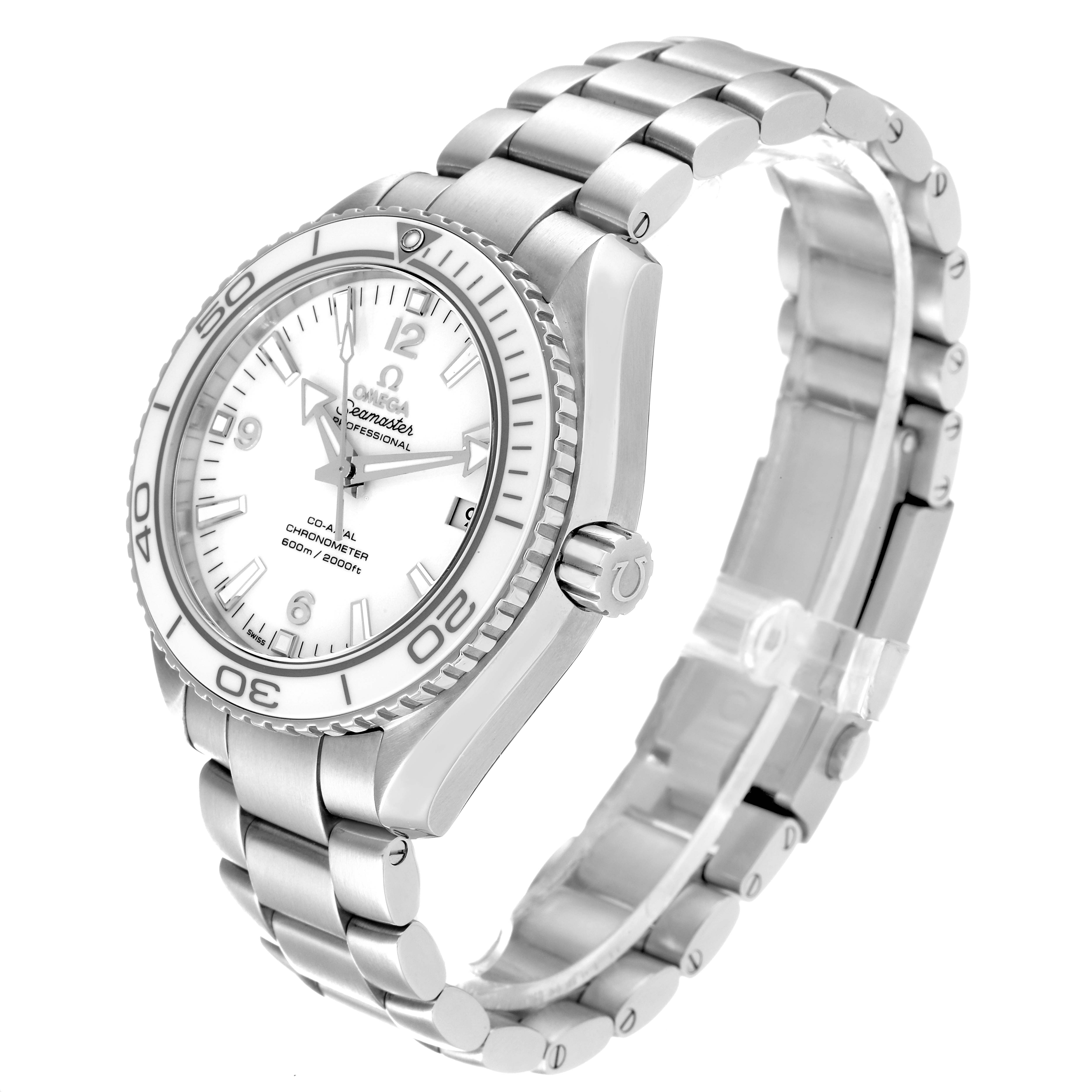 The Omega Planet Ocean 232.30.42.21.04.001 Men
s Stainless Steel White Dial 232.30.42.21.04.001 Men
s Stainless Steel White Dial watch is shown at a 3/4 angle displaying its face, bezel, crown, and metal bracelet.