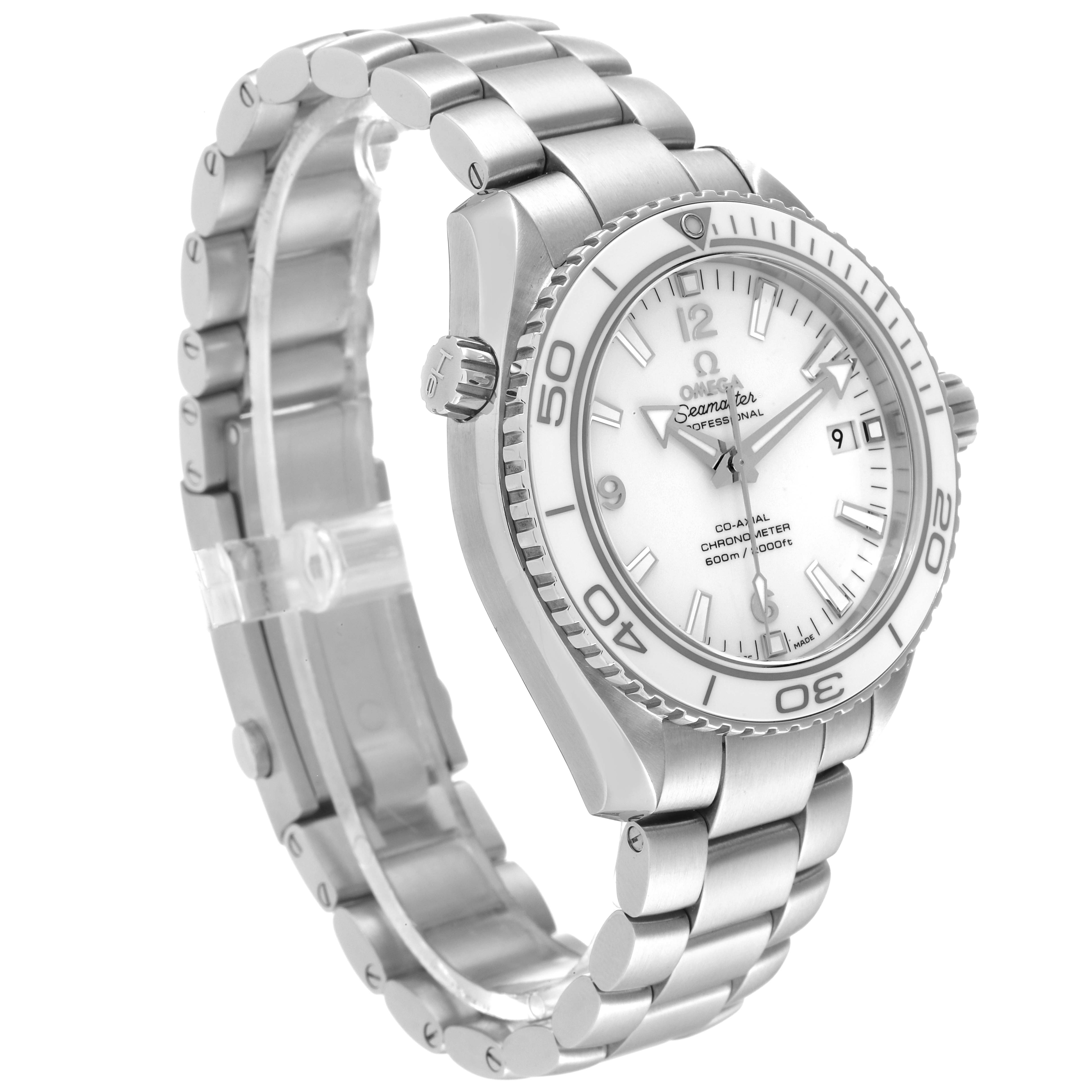 The image shows an angled view of the Omega Planet Ocean 232.30.42.21.04.001 Men
s Stainless Steel White Dial 232.30.42.21.04.001 Men
s Stainless Steel White Dial watch, highlighting the face, bezel, crown, and bracelet.