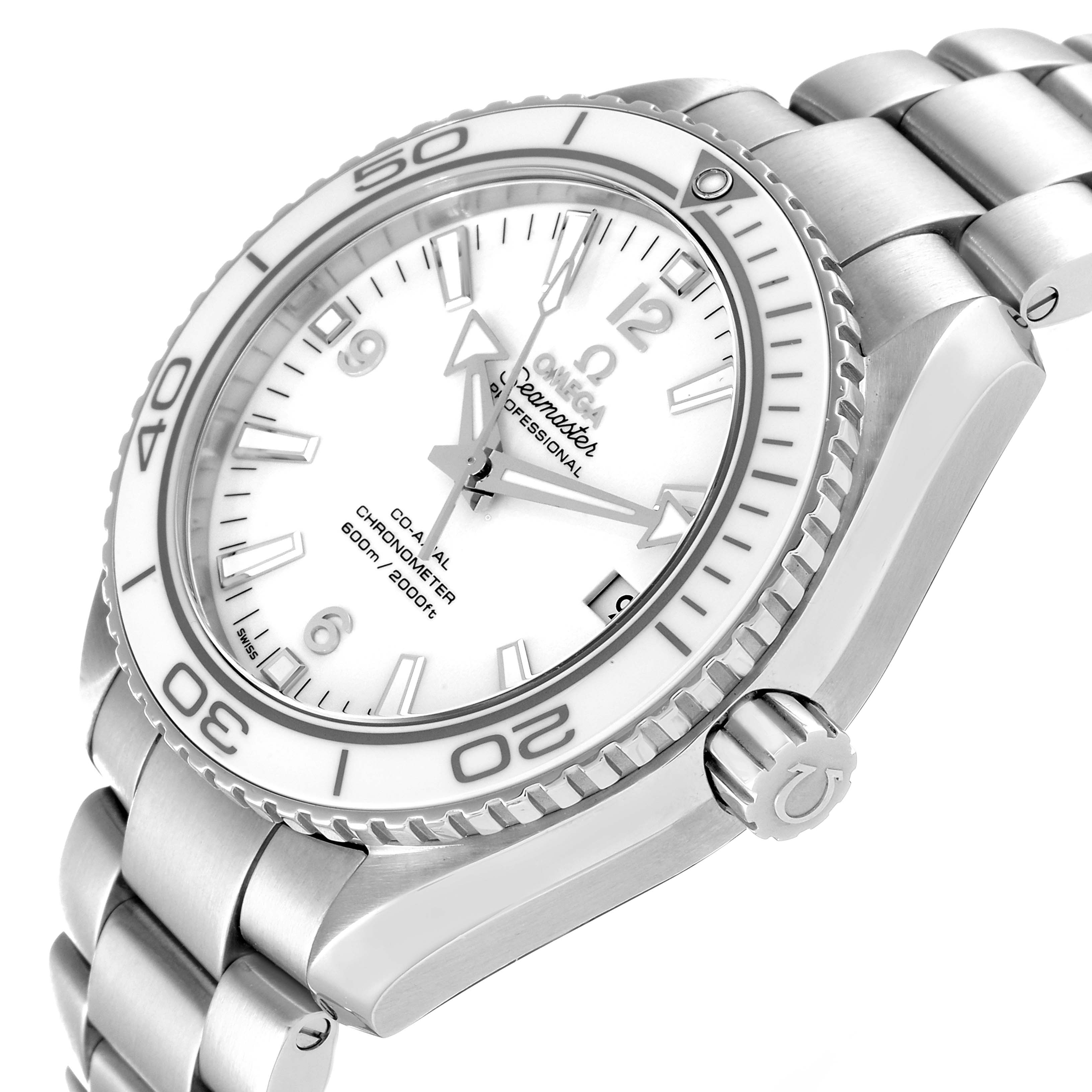 The Omega Planet Ocean 232.30.42.21.04.001 Men
s Stainless Steel White Dial 232.30.42.21.04.001 Men
s Stainless Steel White Dial watch is shown at an angled view, displaying the face, bezel, crown, and part of the stainless steel bracelet.