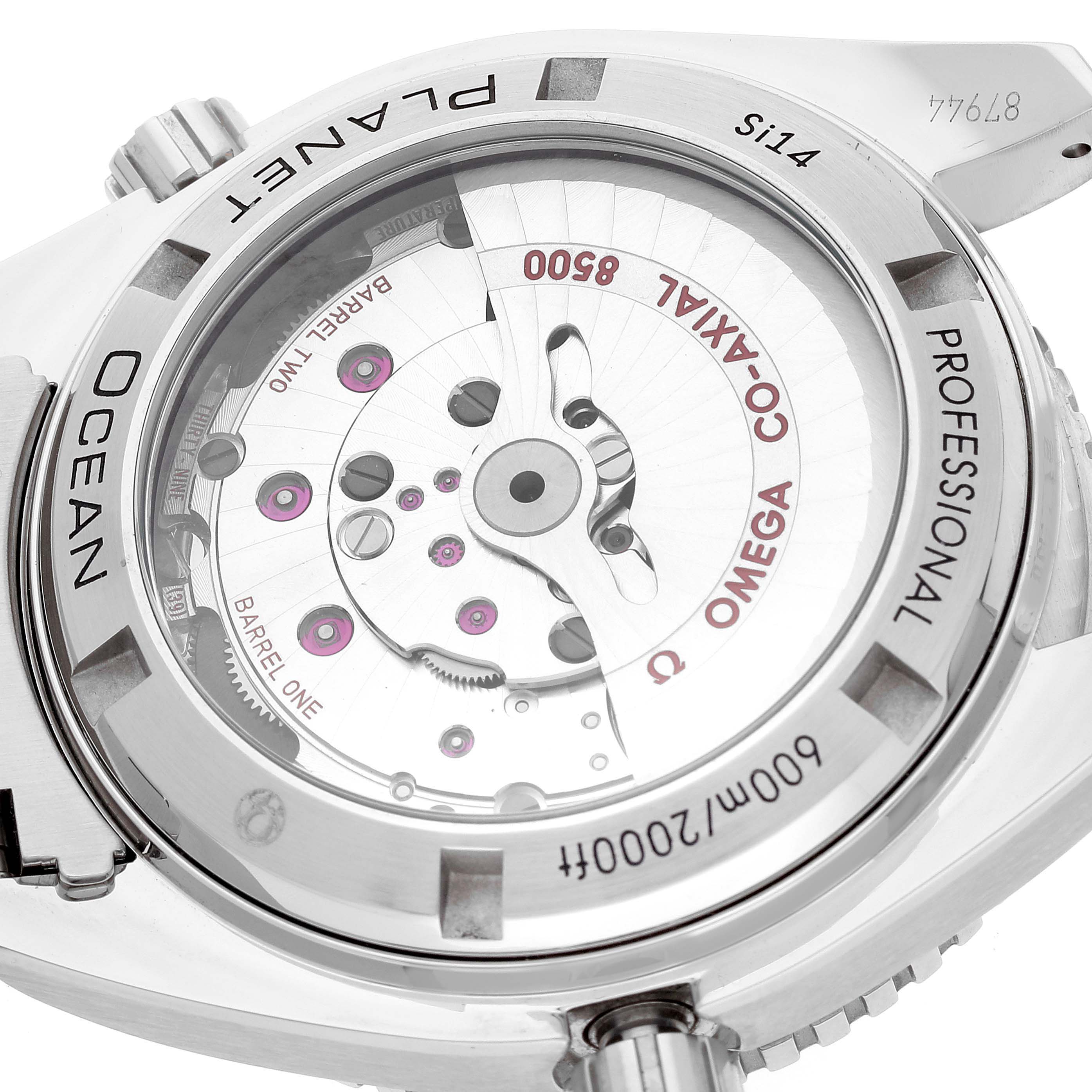 The image shows the back of an Omega Planet Ocean 232.30.42.21.01.002 Men
s Stainless Steel Black Dial 232.30.42.21.01.002 Men
s Stainless Steel Black Dial watch, highlighting its Co-Axial movement and transparent case back.