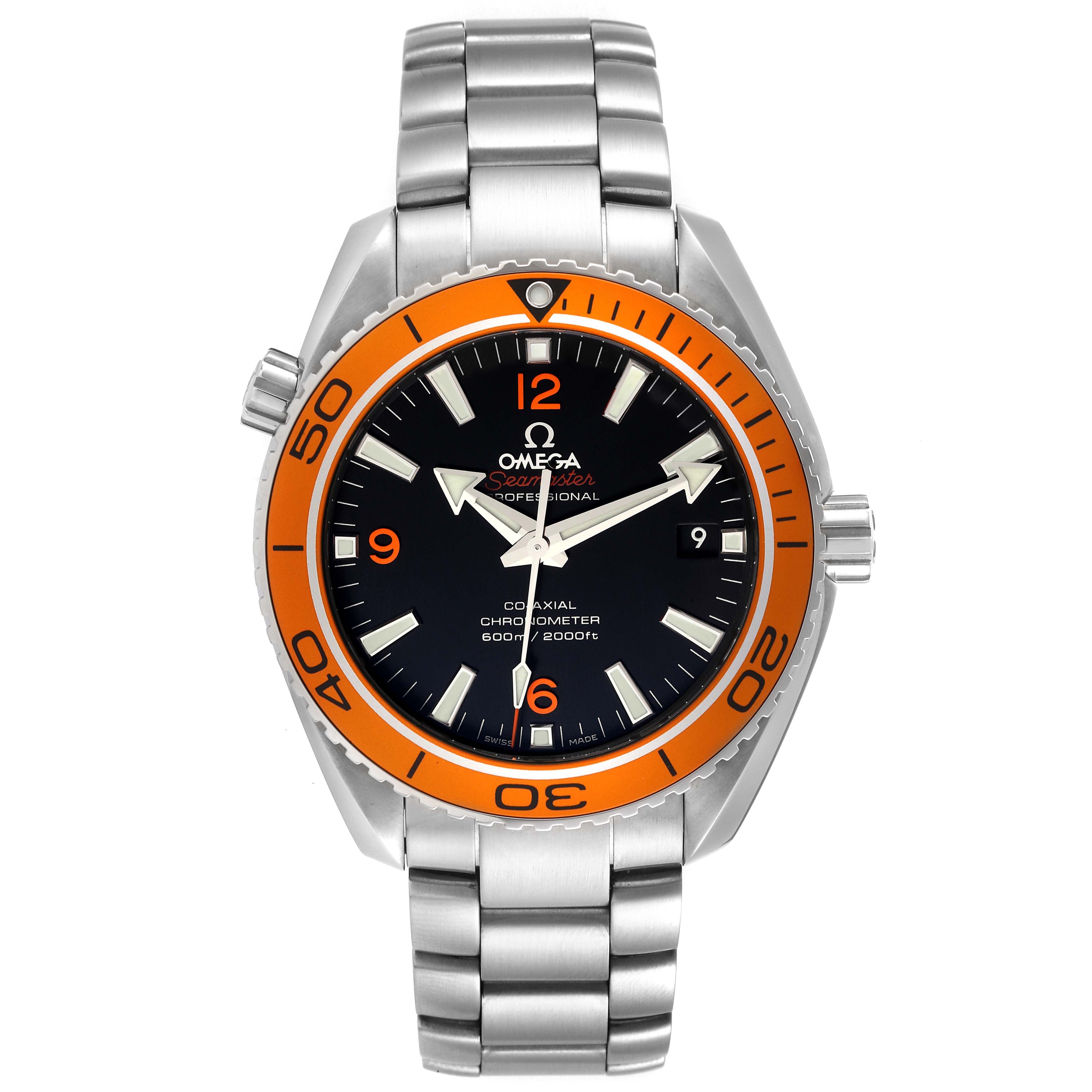 The image shows a frontal view of the Omega Planet Ocean 232.30.42.21.01.002 Men
s Stainless Steel Black Dial 232.30.42.21.01.002 Men
s Stainless Steel Black Dial watch, featuring an orange bezel and a stainless steel bracelet.