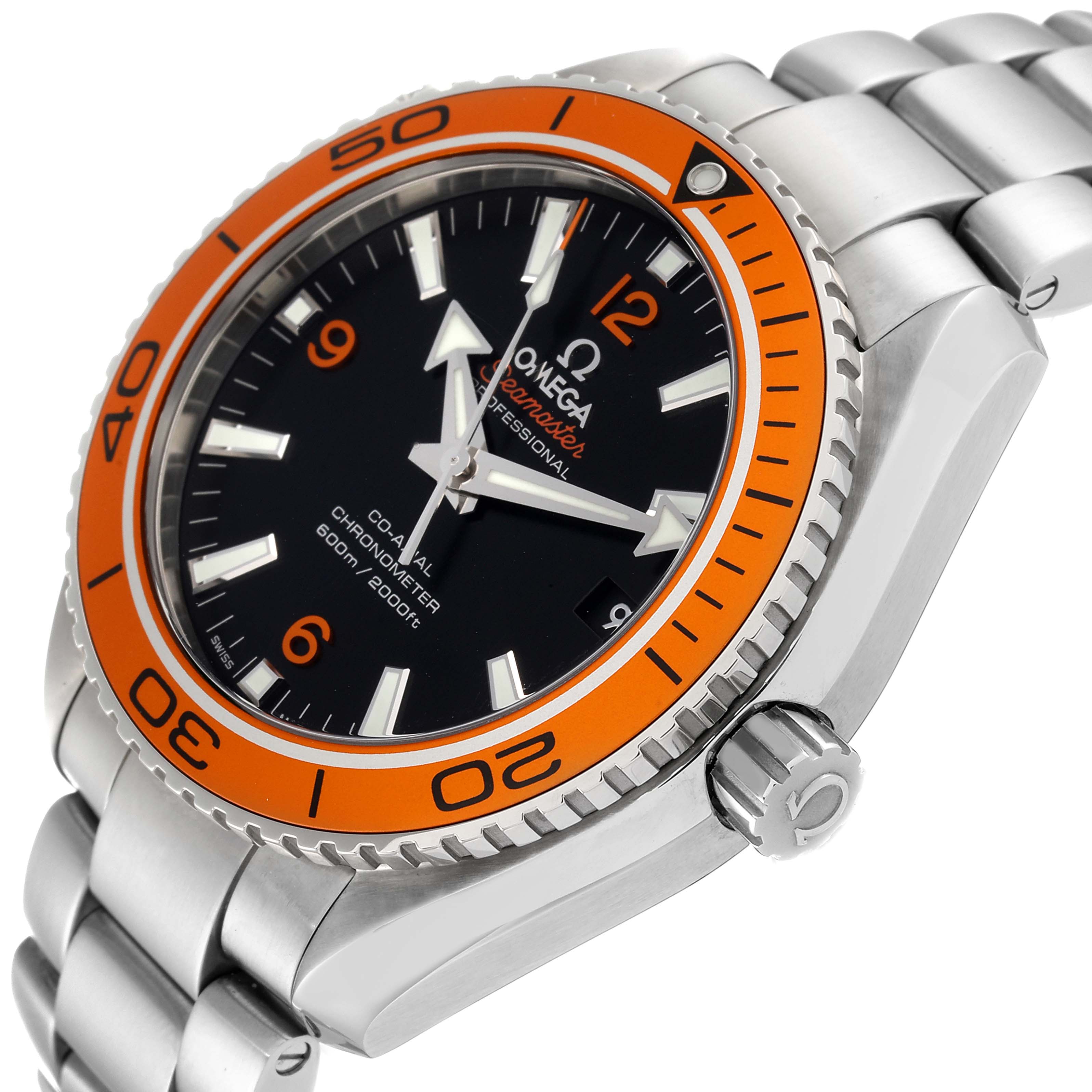 The image shows a side angle of the Omega Planet Ocean 232.30.42.21.01.002 Men
s Stainless Steel Black Dial 232.30.42.21.01.002 Men
s Stainless Steel Black Dial watch, highlighting its bezel, face, and part of the bracelet.