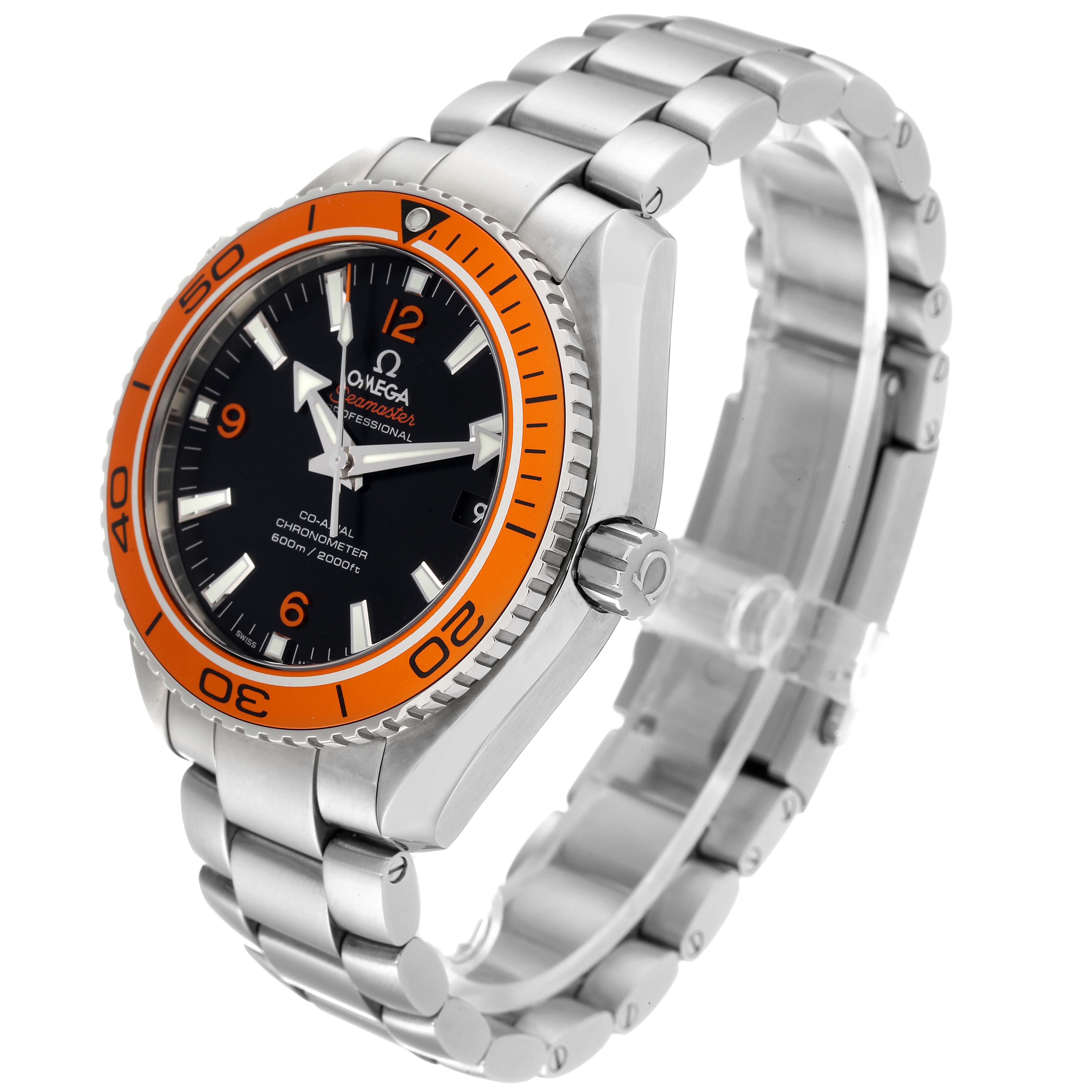 The image shows an Omega Planet Ocean 232.30.42.21.01.002 Men
s Stainless Steel Black Dial 232.30.42.21.01.002 Men
s Stainless Steel Black Dial watch from a slightly elevated angle, highlighting its bezel, crown, dial, and bracelet.