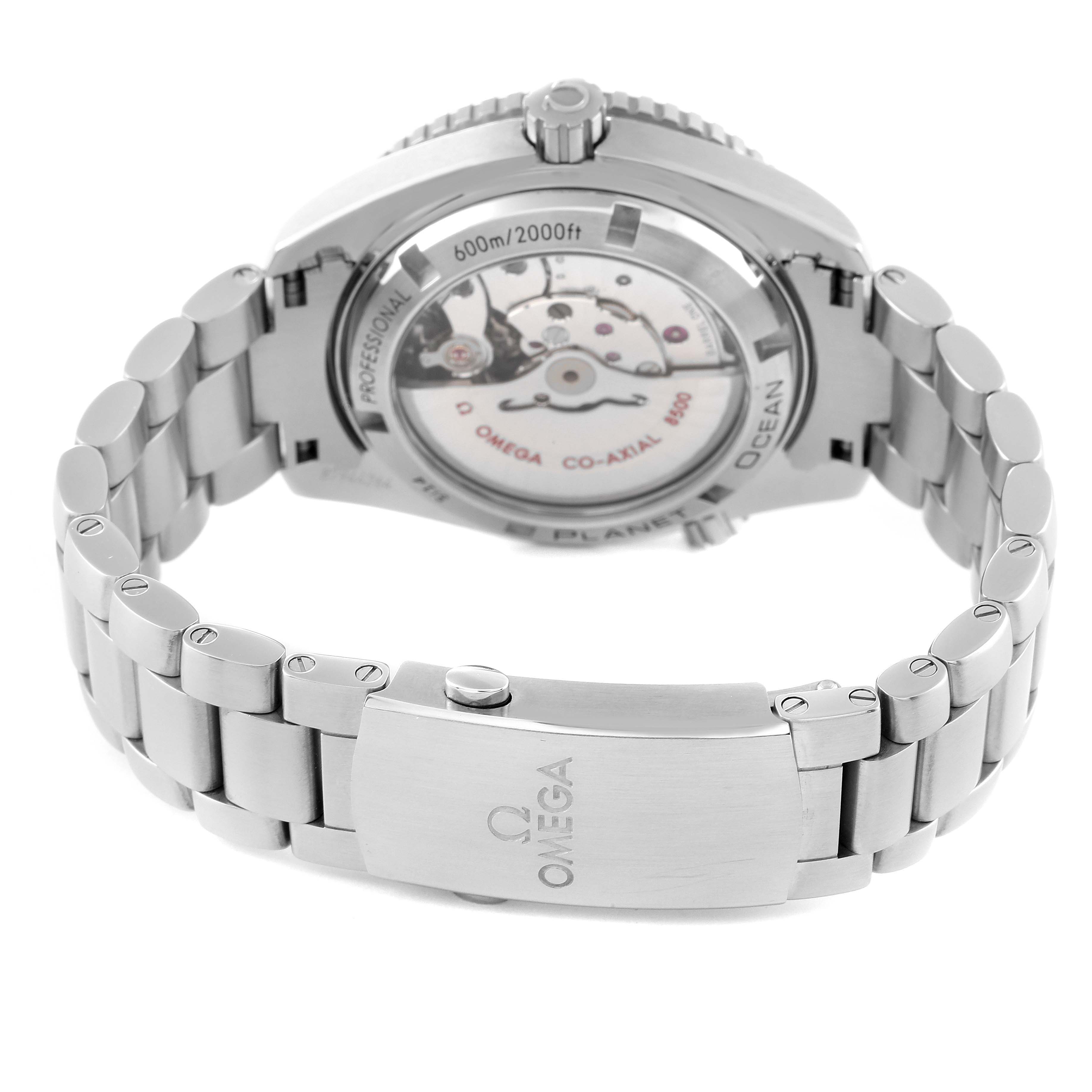 The image shows the back and side view of the Omega Planet Ocean 232.30.42.21.01.002 Men
s Stainless Steel Black Dial 232.30.42.21.01.002 Men
s Stainless Steel Black Dial watch, displaying the bracelet, clasp, and transparent case back.