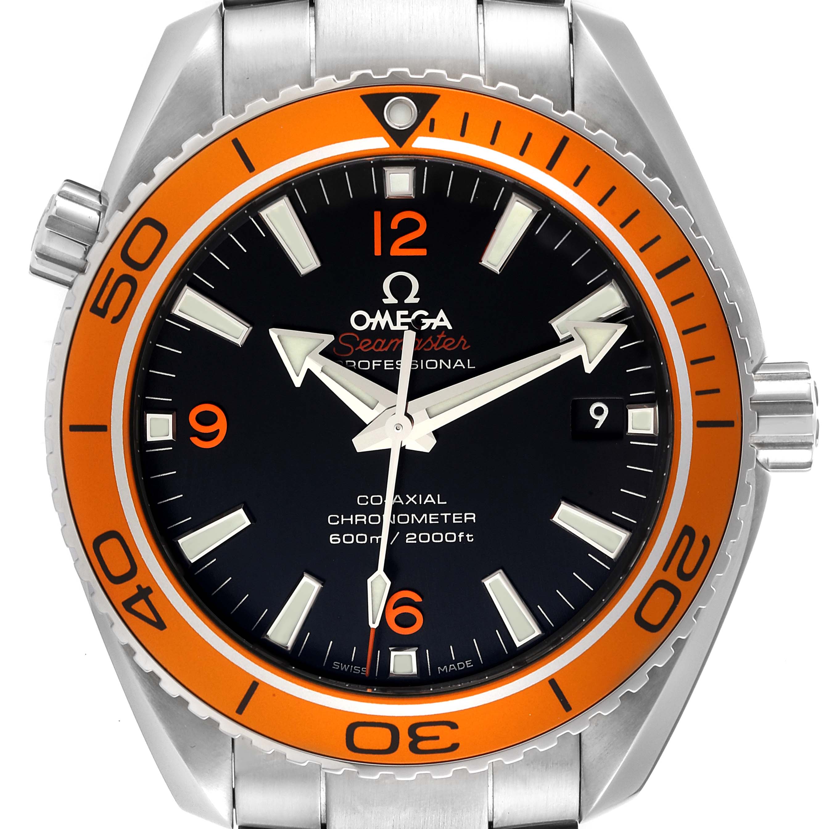 The image shows a front view of the Omega Seamaster Planet Ocean watch, displaying its dial, bezel, and crown.