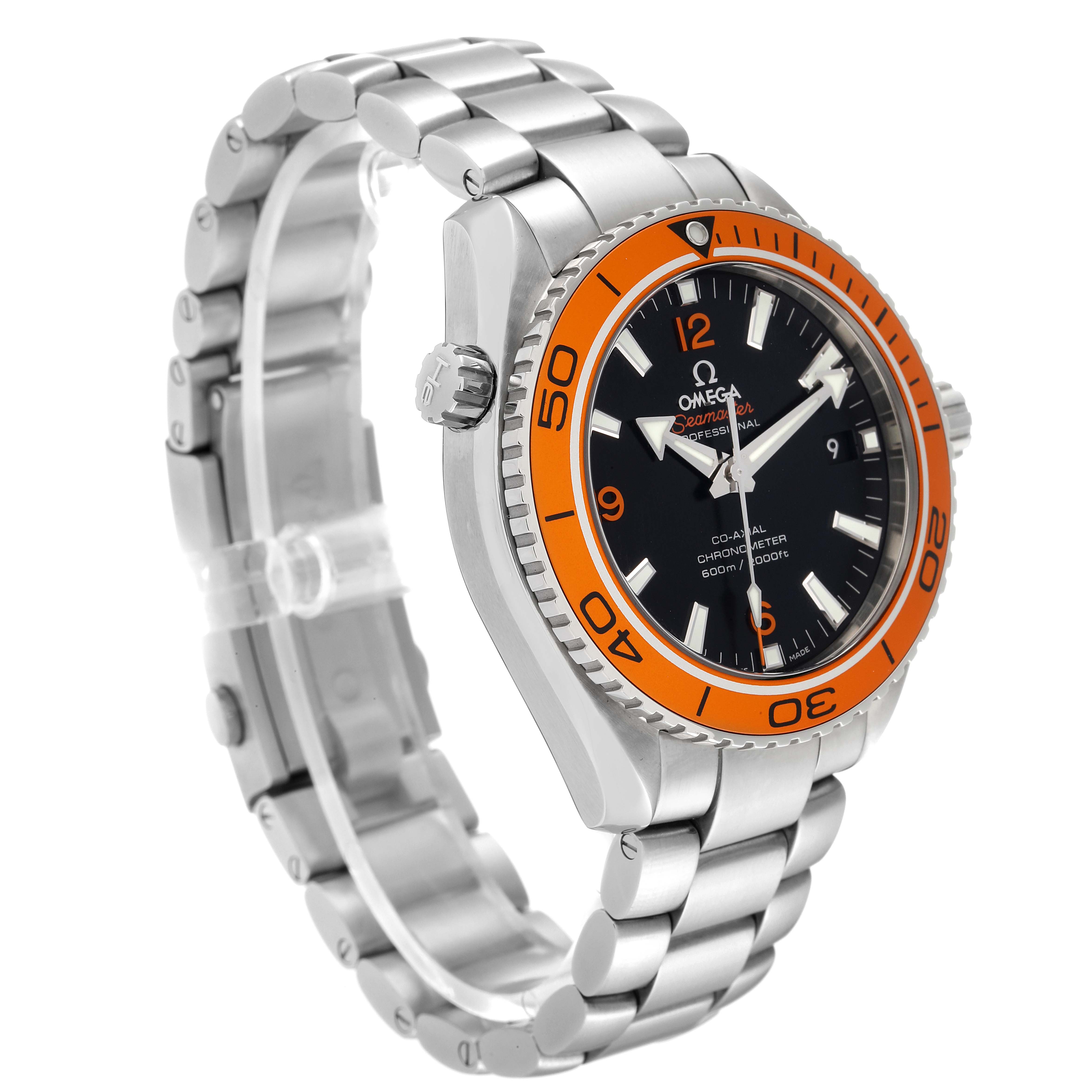 The image shows an angled side view of the Omega Planet Ocean 232.30.42.21.01.002 Men
s Stainless Steel Black Dial 232.30.42.21.01.002 Men
s Stainless Steel Black Dial watch featuring its bezel, bracelet, and crown.