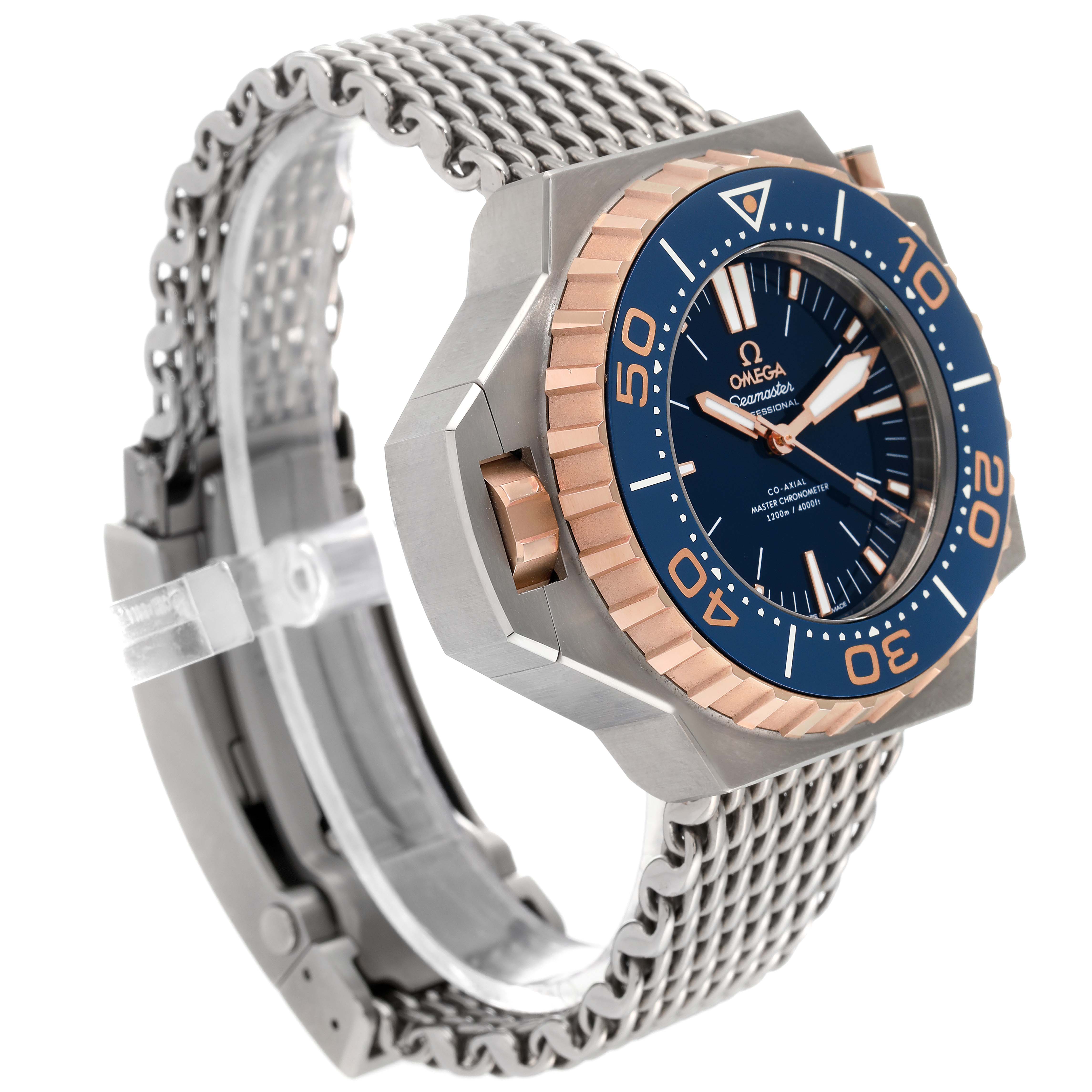 The image displays an Omega Ploprof 227.60.55.21.03.001 Men's Titanium Blue Dial 227.60.55.21.03.001 Men's Titanium Blue Dial watch at a three-quarter angle, showing its face, bezel, crown, and metal bracelet.