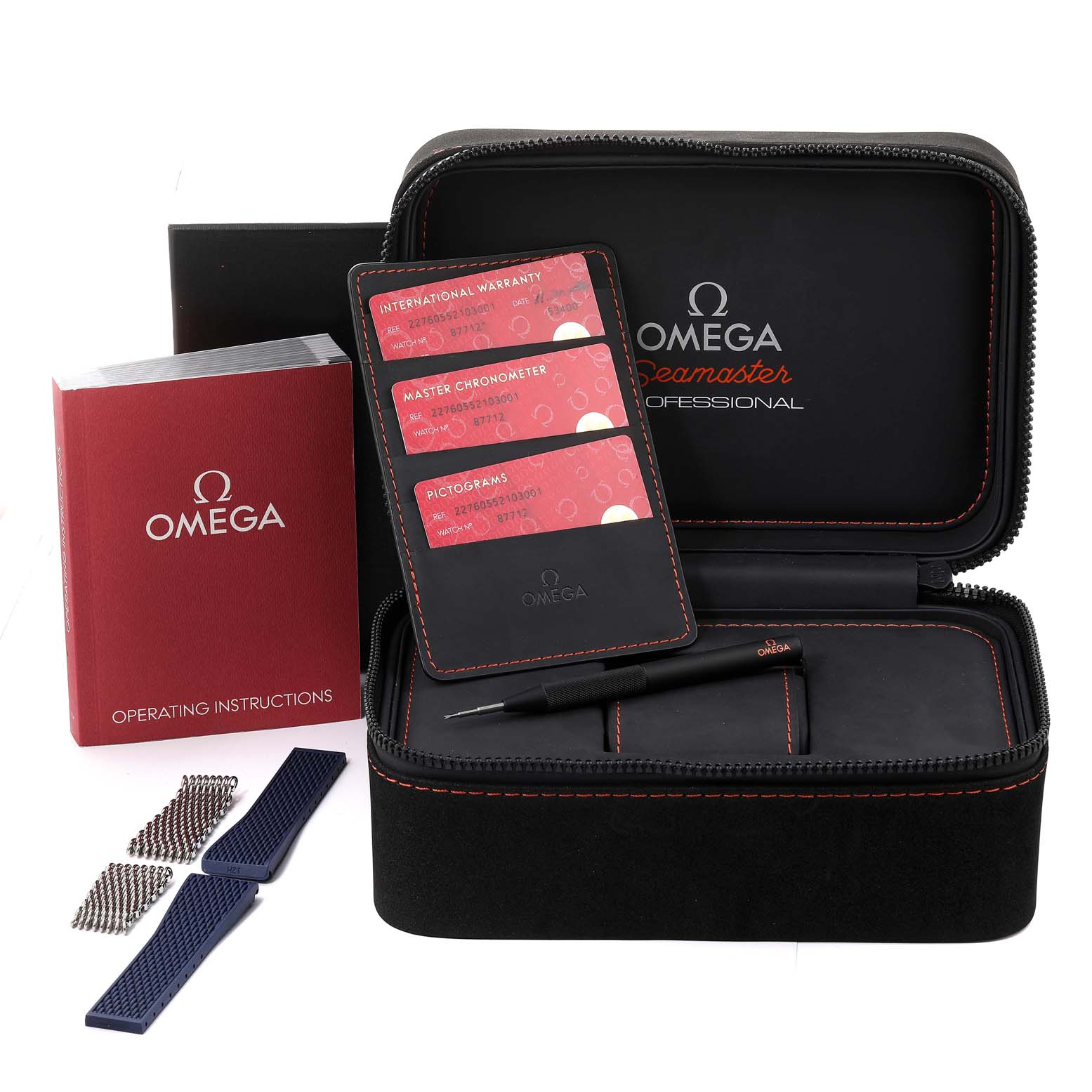 The image shows Omega Ploprof 227.60.55.21.03.001 Men's Titanium Blue Dial 227.60.55.21.03.001 Men's Titanium Blue Dial accessories including a case, warranty cards, a manual, straps, and a tool.