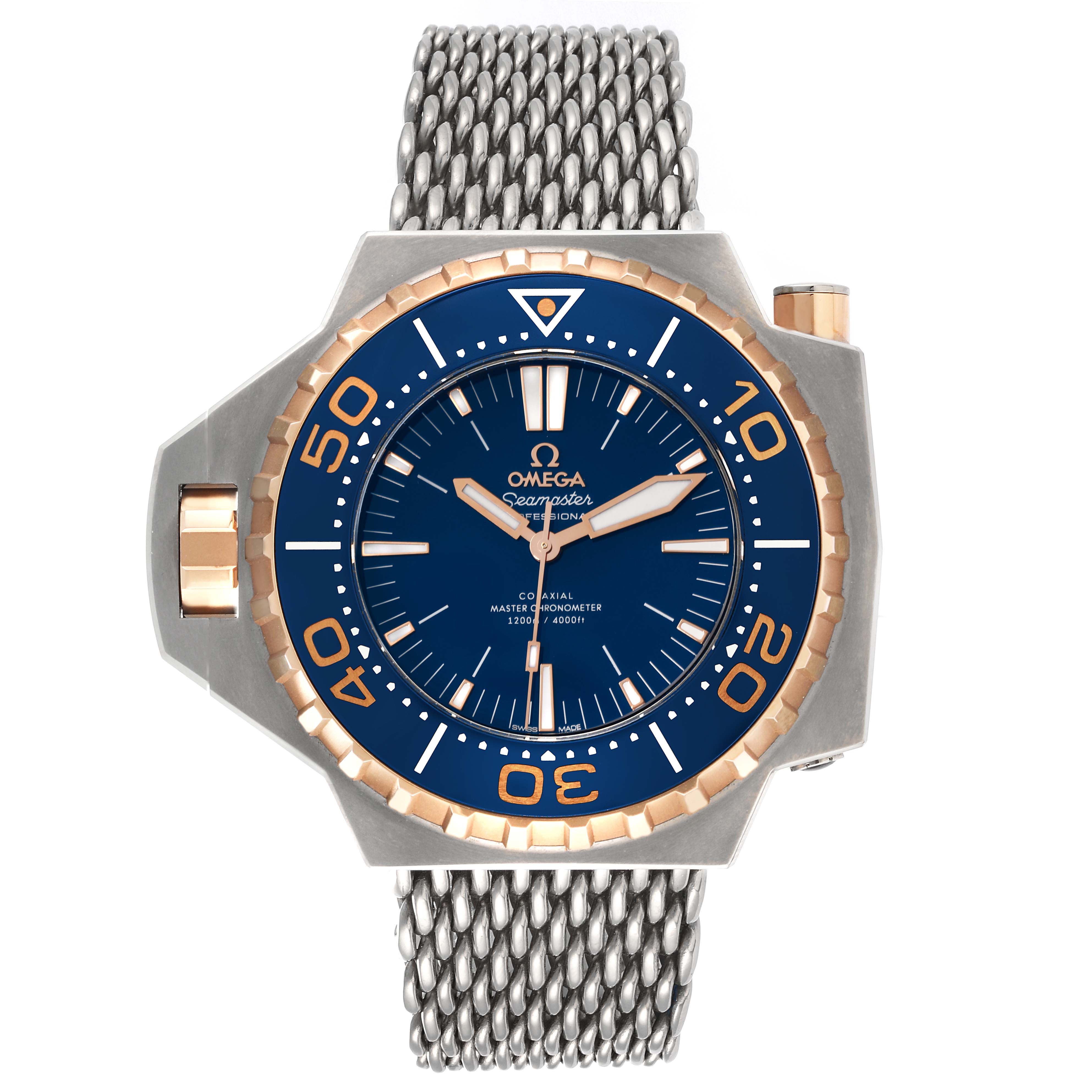 The image shows a front view of an Omega Seamaster Ploprof watch with a blue dial, mesh bracelet, and gold bezel accents.