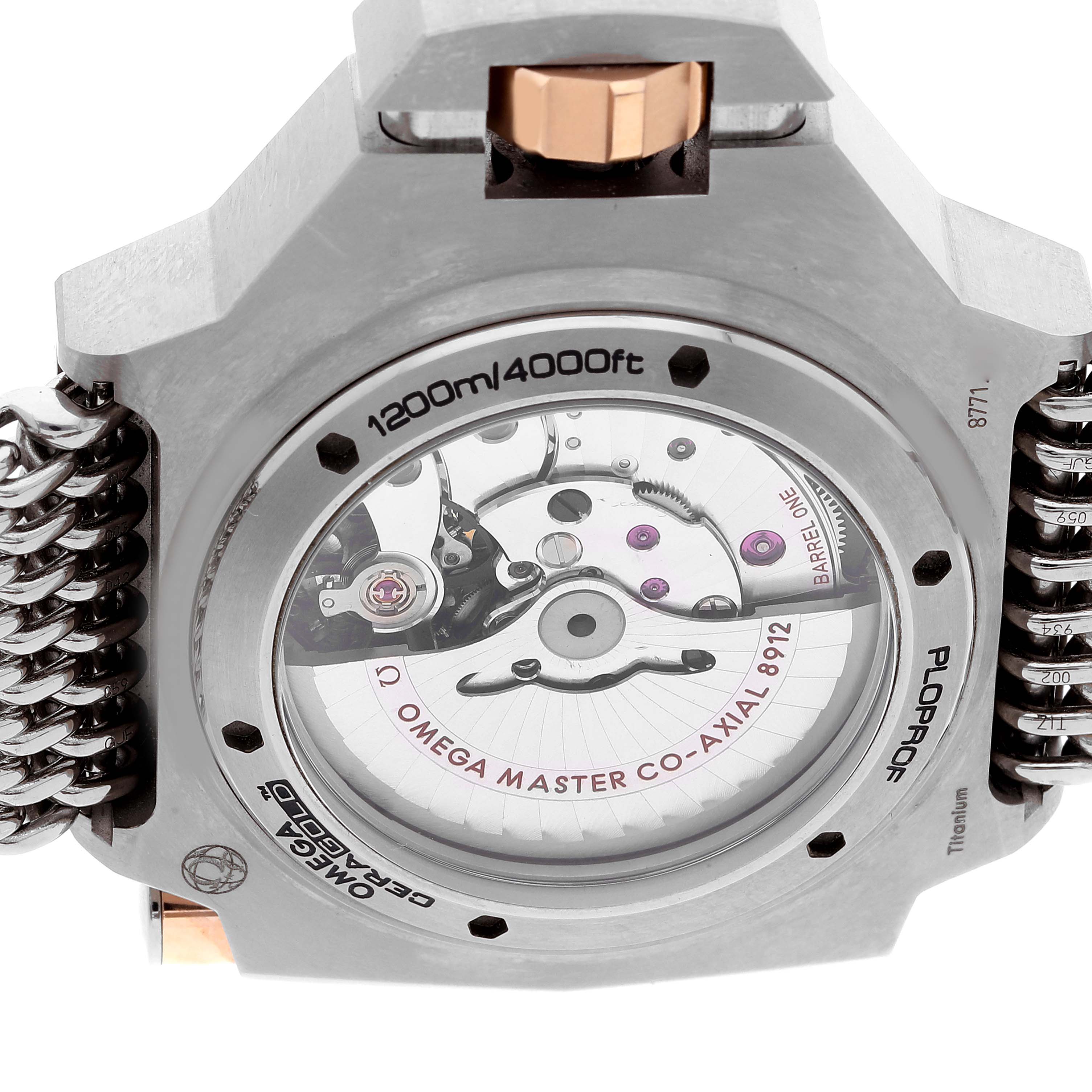 The image shows the back side of an Omega Ploprof 227.60.55.21.03.001 Men's Titanium Blue Dial 227.60.55.21.03.001 Men's Titanium Blue Dial watch, highlighting its transparent case back and internal mechanisms.