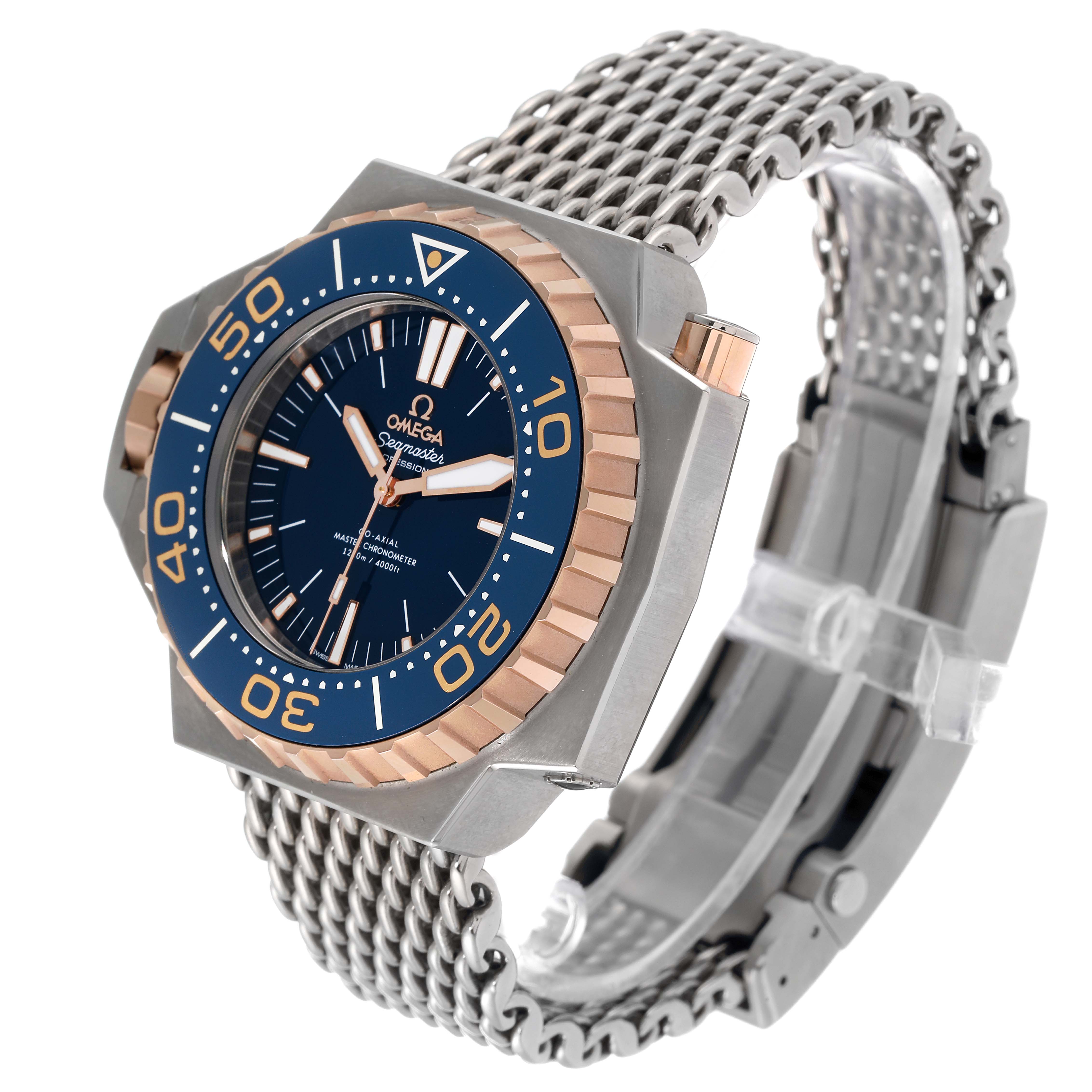 The image shows an angled view of the Omega Ploprof 227.60.55.21.03.001 Men's Titanium Blue Dial 227.60.55.21.03.001 Men's Titanium Blue Dial watch, highlighting the face, bezel, case, and bracelet.