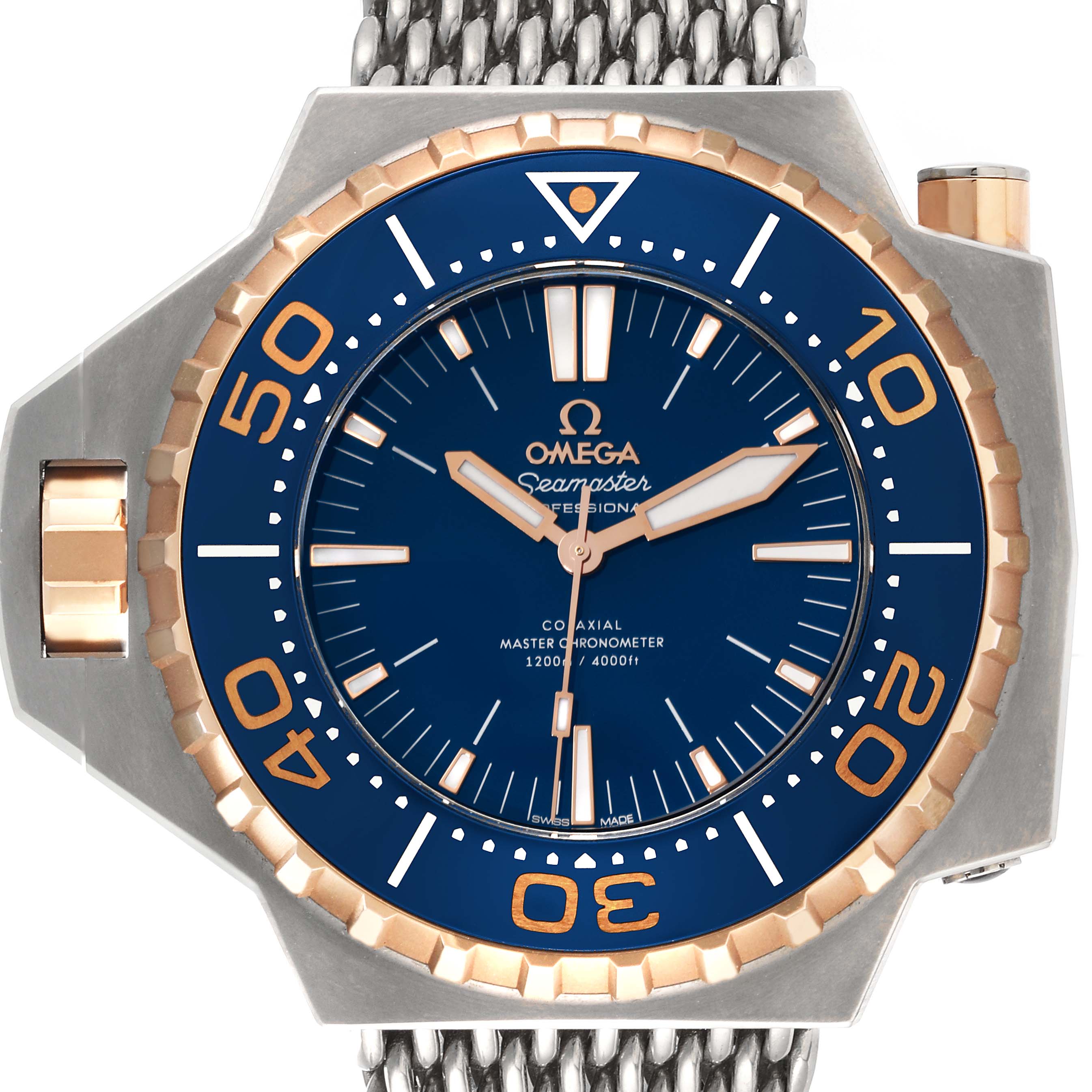 The image shows a front view of the Omega Seamaster Ploprof watch, highlighting its blue dial, orange accents, and bezel.