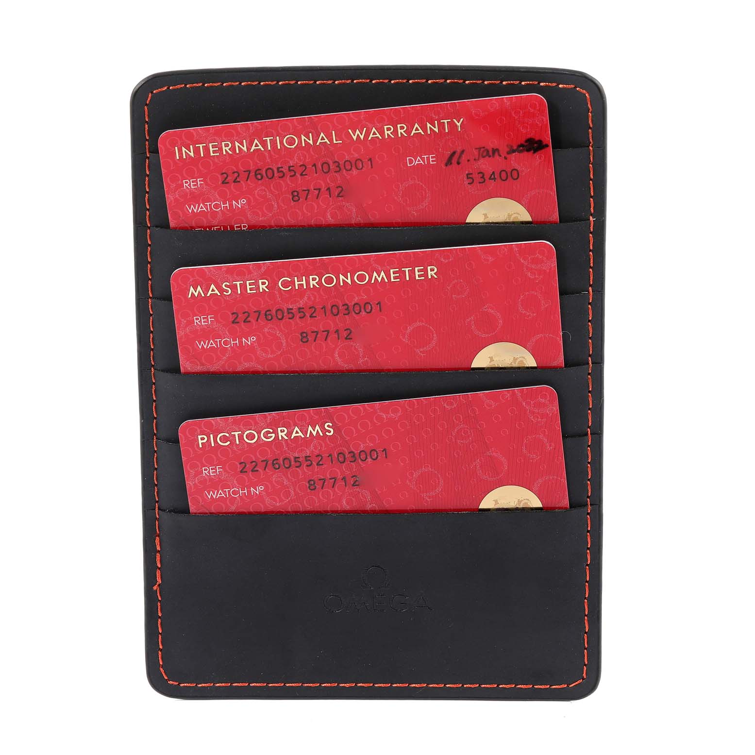 The image shows three red cards in slots within a black holder, including the International Warranty, Master Chronometer, and Pictograms for the Omega Ploprof 227.60.55.21.03.001 Men's Titanium Blue Dial 227.60.55.21.03.001 Men's Titanium Blue Dial model.