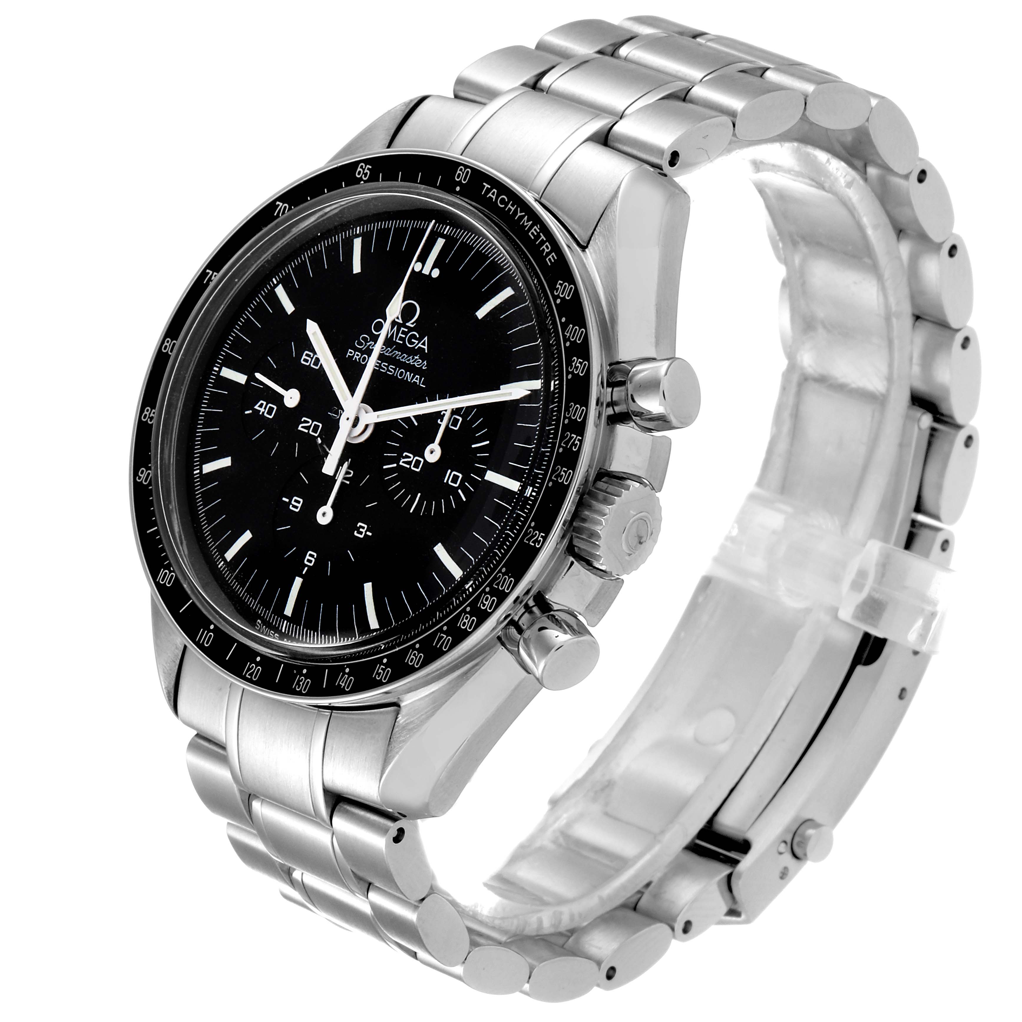 This Omega Speedmaster 3570.50.00 Men
s Stainless Steel Black Dial 3570.50.00 Men
s Stainless Steel Black Dial watch is shown at a slight angle, highlighting its black dial, tachymeter bezel, and metal bracelet.