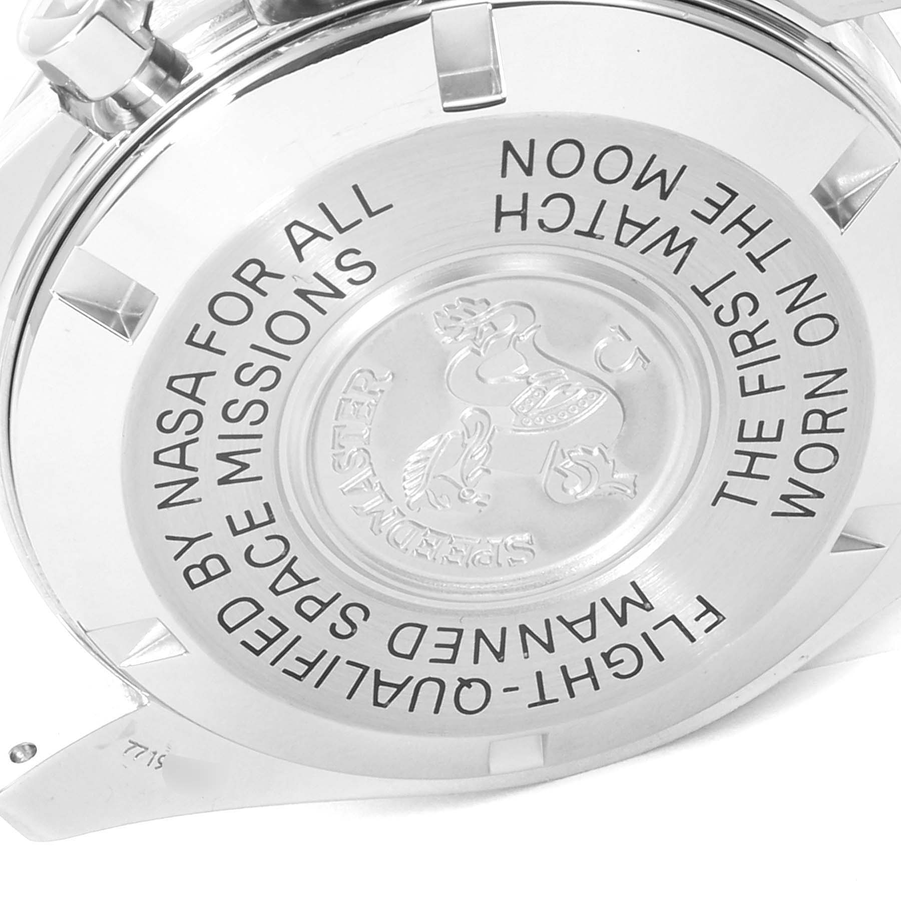 The image shows the engraved case back of an Omega Speedmaster 3570.50.00 Men
s Stainless Steel Black Dial 3570.50.00 Men
s Stainless Steel Black Dial watch at an oblique angle.