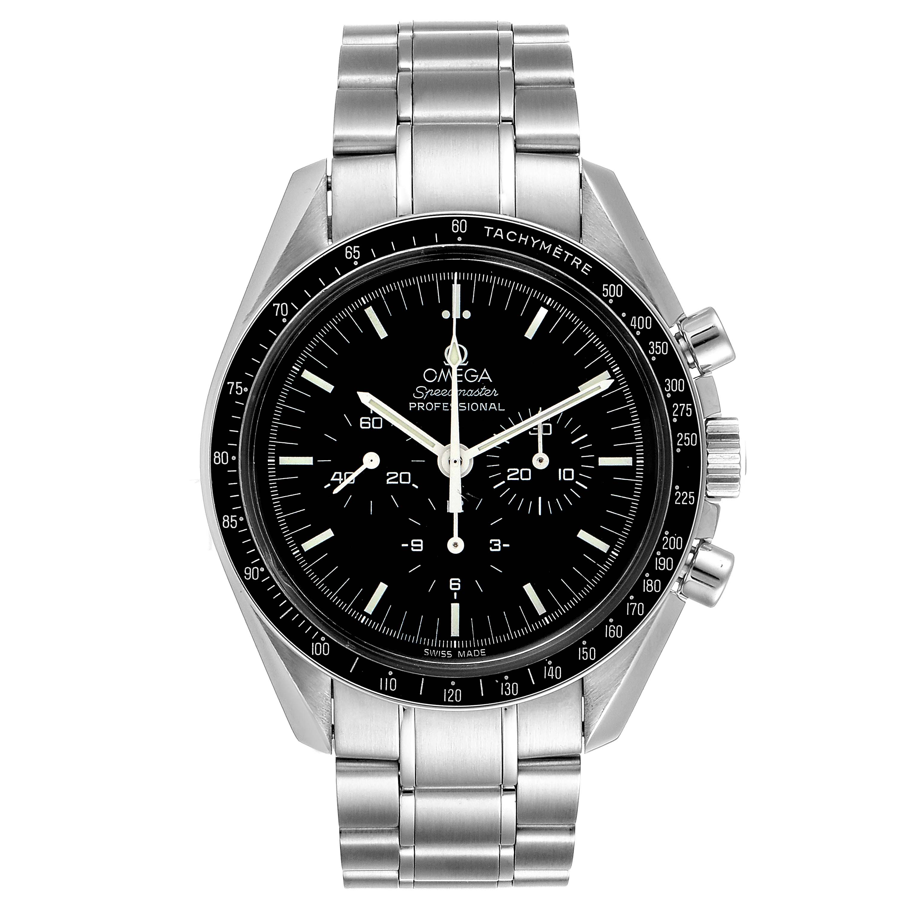 The image shows a front view of the Omega Speedmaster 3570.50.00 Men
s Stainless Steel Black Dial 3570.50.00 Men
s Stainless Steel Black Dial watch, highlighting its black dial, stainless steel case, and bracelet.
