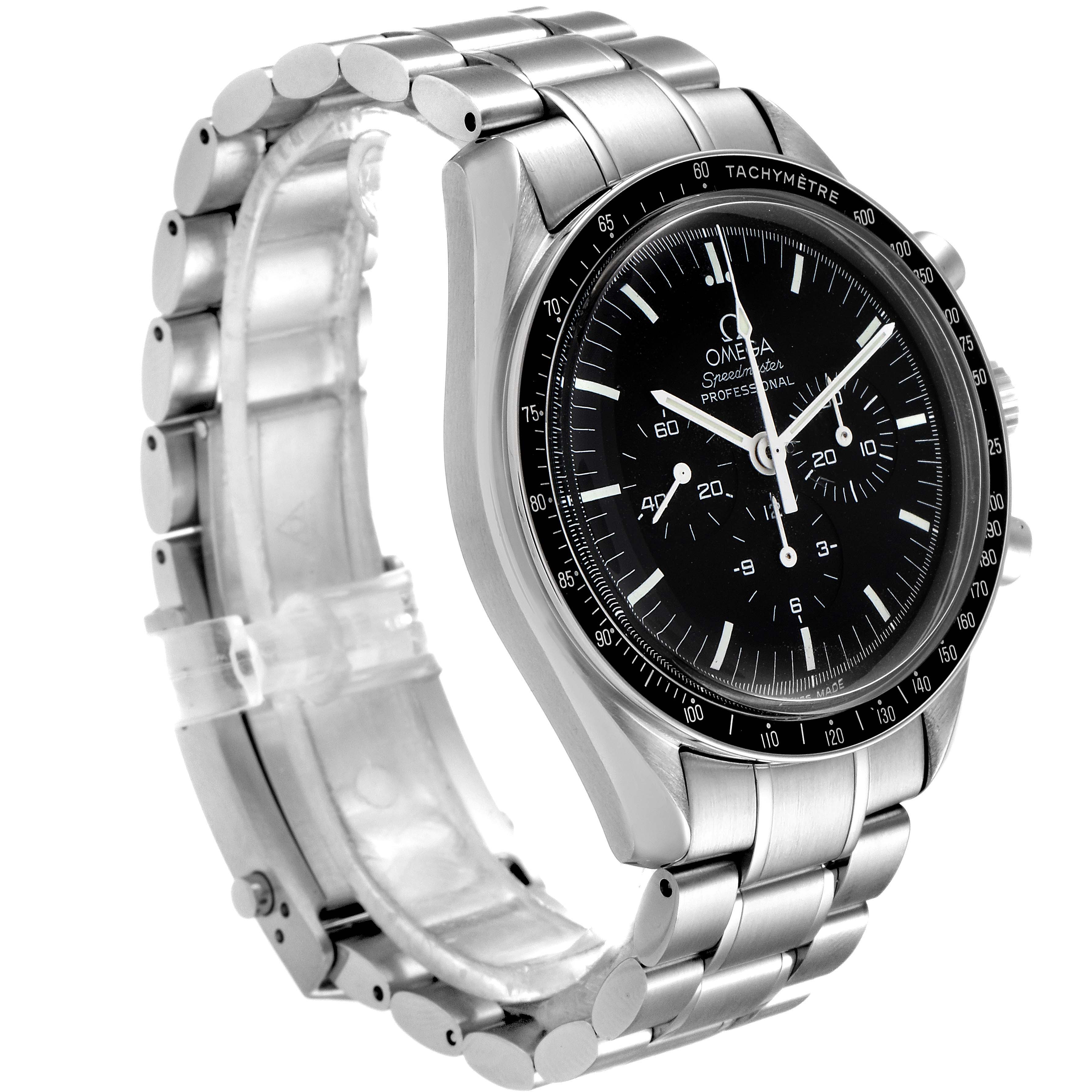The image shows a side angle view of an Omega Speedmaster 3570.50.00 Men
s Stainless Steel Black Dial 3570.50.00 Men
s Stainless Steel Black Dial watch, displaying its face, bezel, and metallic bracelet.