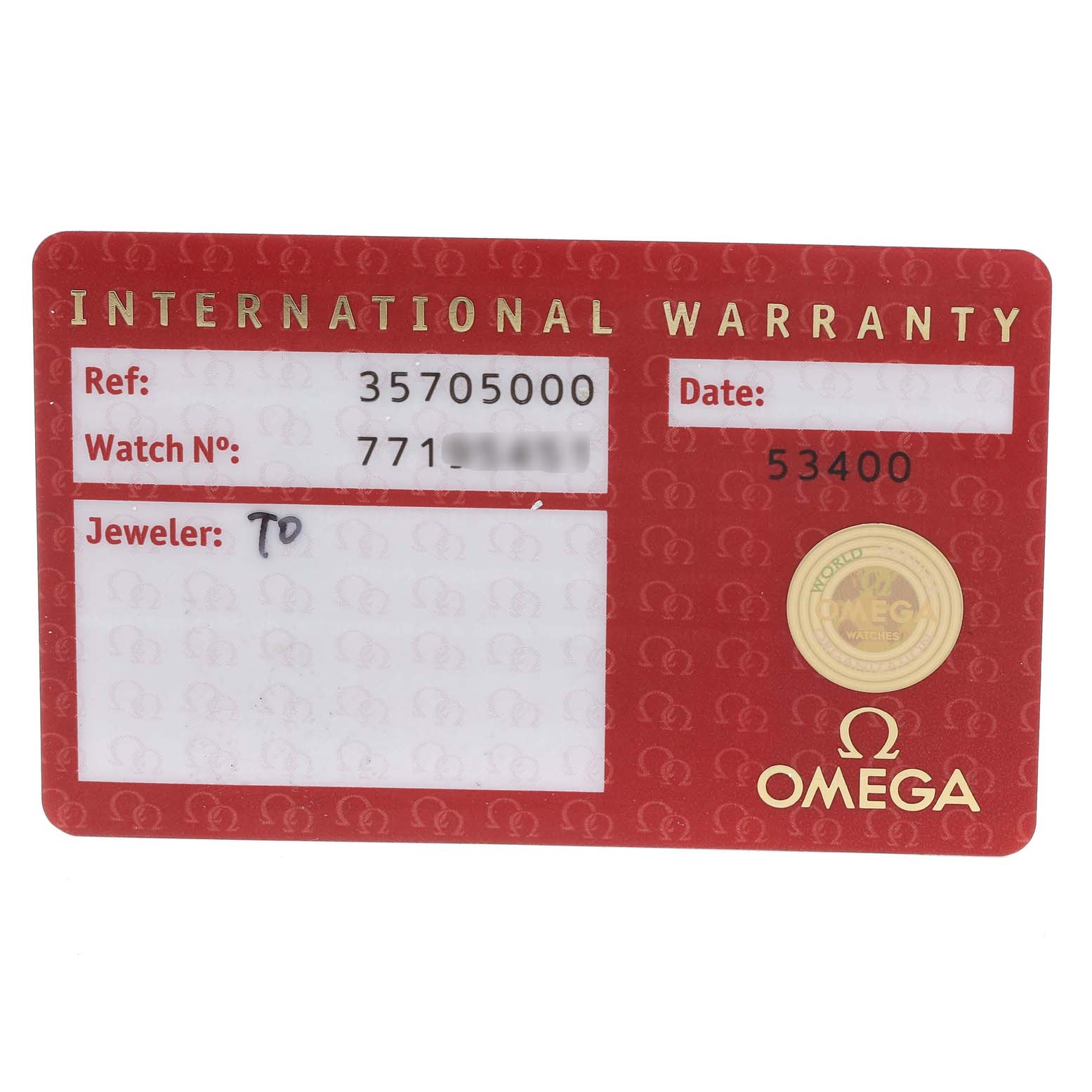 This image shows an Omega International Warranty card for the Speedmaster model, with reference number and watch number details.