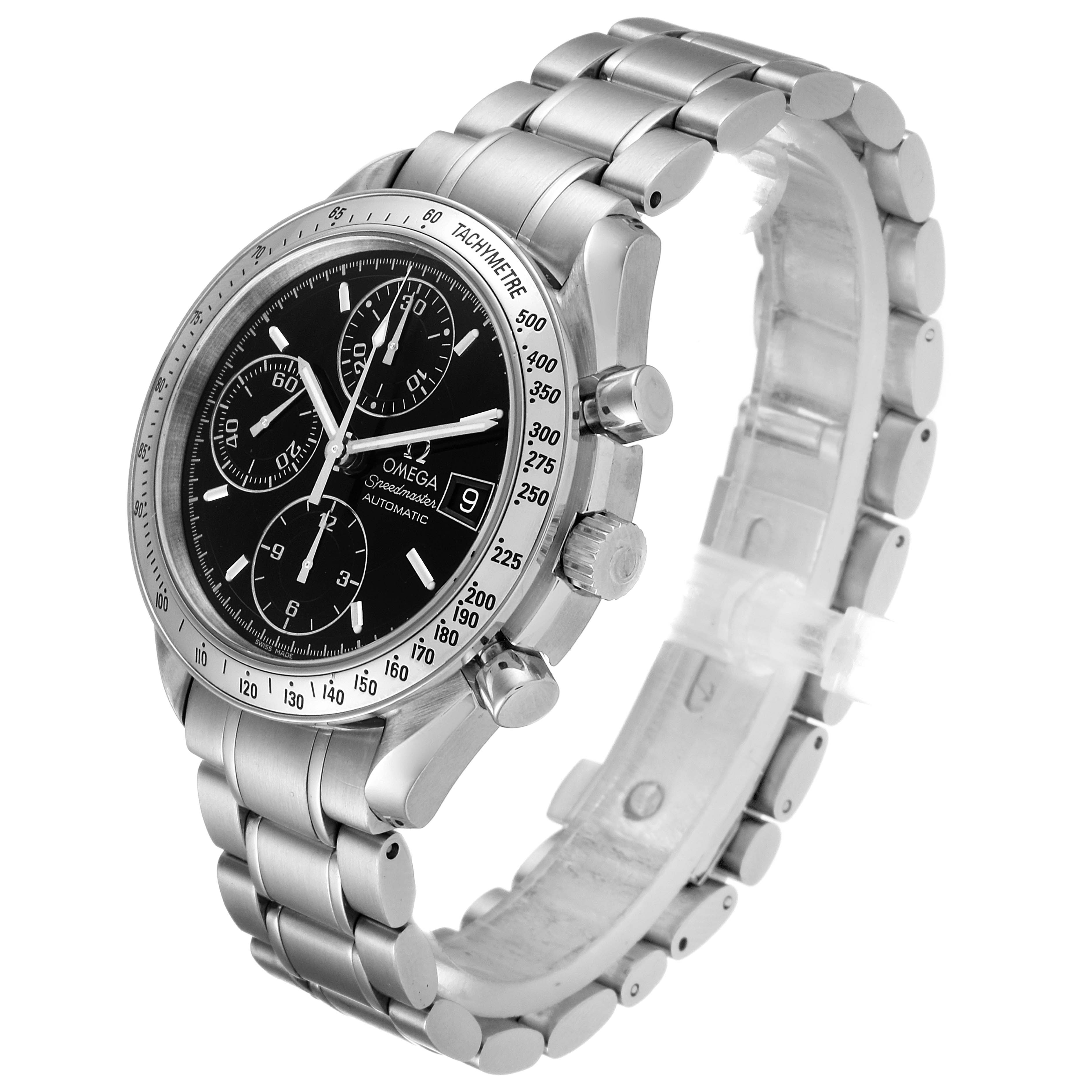 The image shows an angled front view of an Omega Speedmaster 3513.50.00 Men
s Stainless Steel Black Dial 3513.50.00 Men
s Stainless Steel Black Dial watch, highlighting its face, bezel, buttons, and stainless steel band.