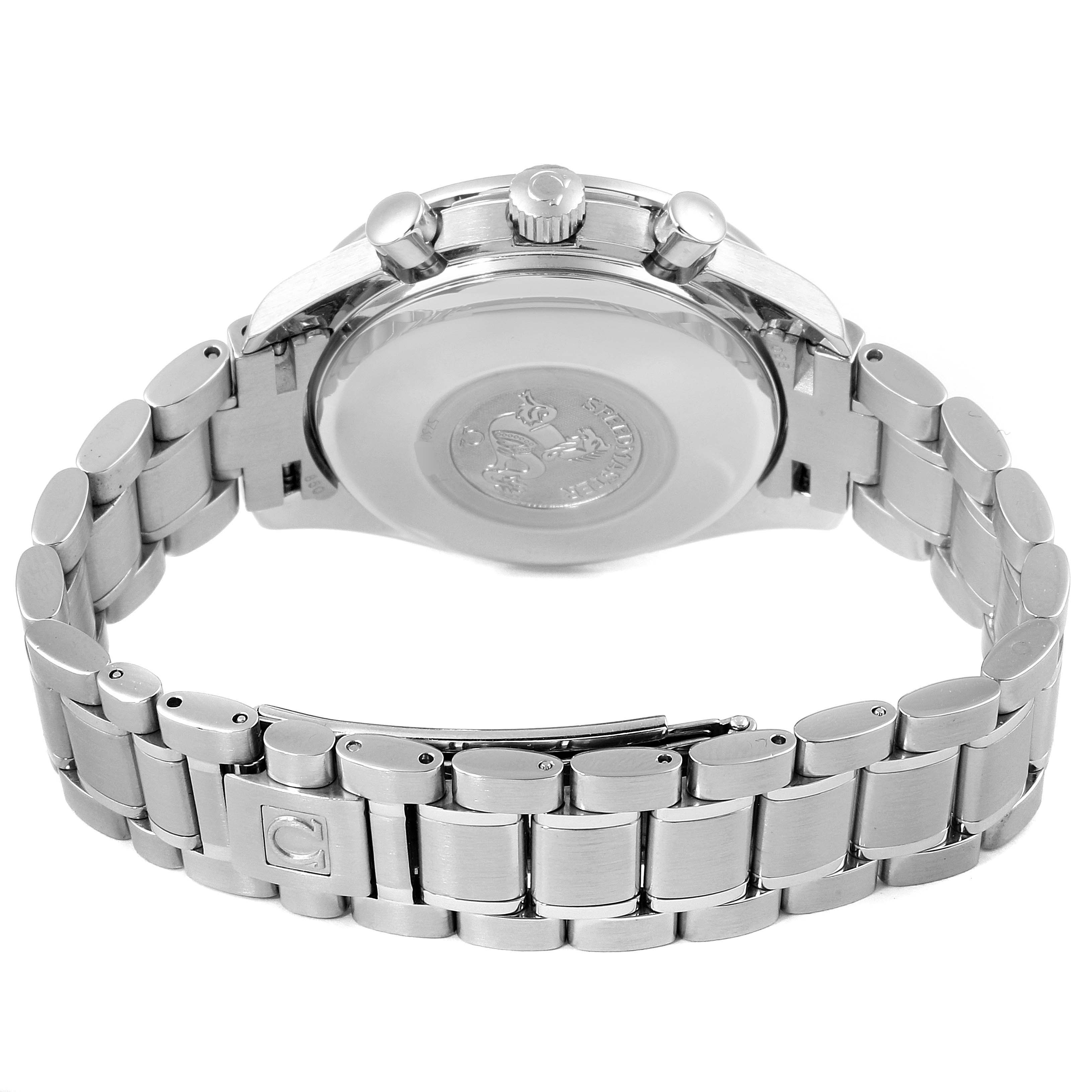 The image shows the back case and bracelet of an Omega Speedmaster 3513.50.00 Men
s Stainless Steel Black Dial 3513.50.00 Men
s Stainless Steel Black Dial watch from a rear angle.