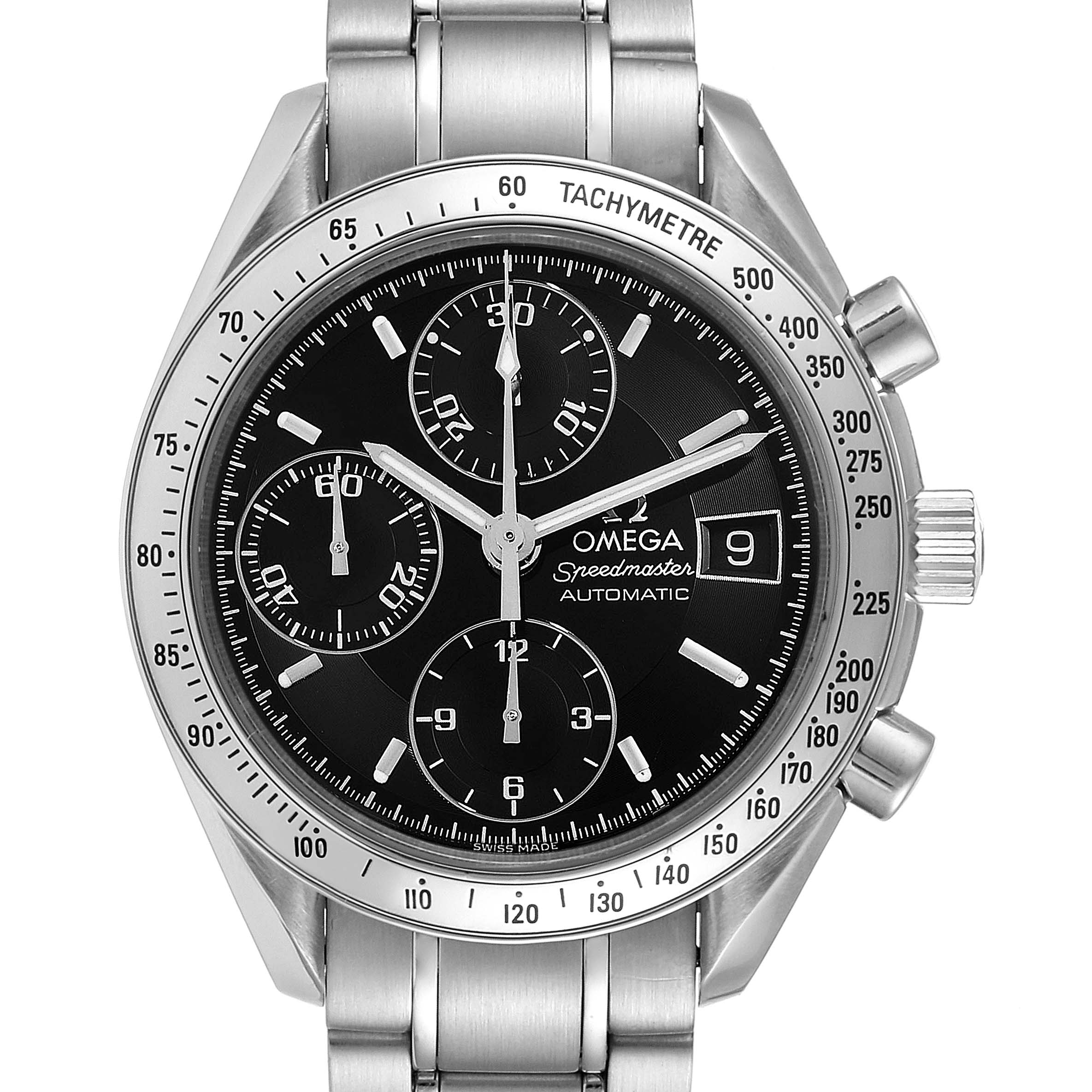 The Omega Speedmaster 3513.50.00 Men
s Stainless Steel Black Dial 3513.50.00 Men
s Stainless Steel Black Dial watch is shown from a frontal angle, displaying the dial, subdials, and part of the bracelet.