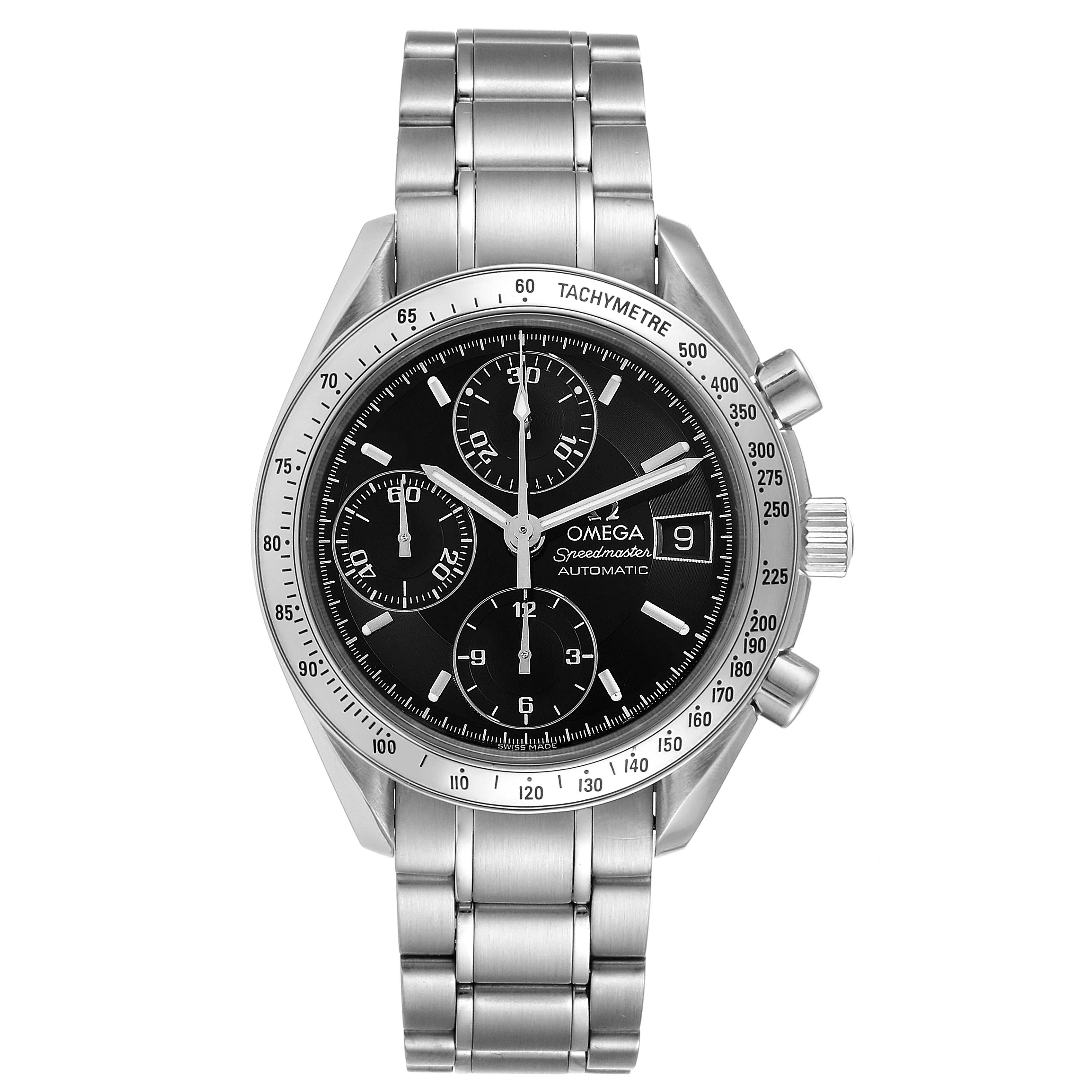 The image shows a front view of the Omega Speedmaster 3513.50.00 Men
s Stainless Steel Black Dial 3513.50.00 Men
s Stainless Steel Black Dial watch, highlighting its black dial, subdials, date, and stainless steel bracelet.