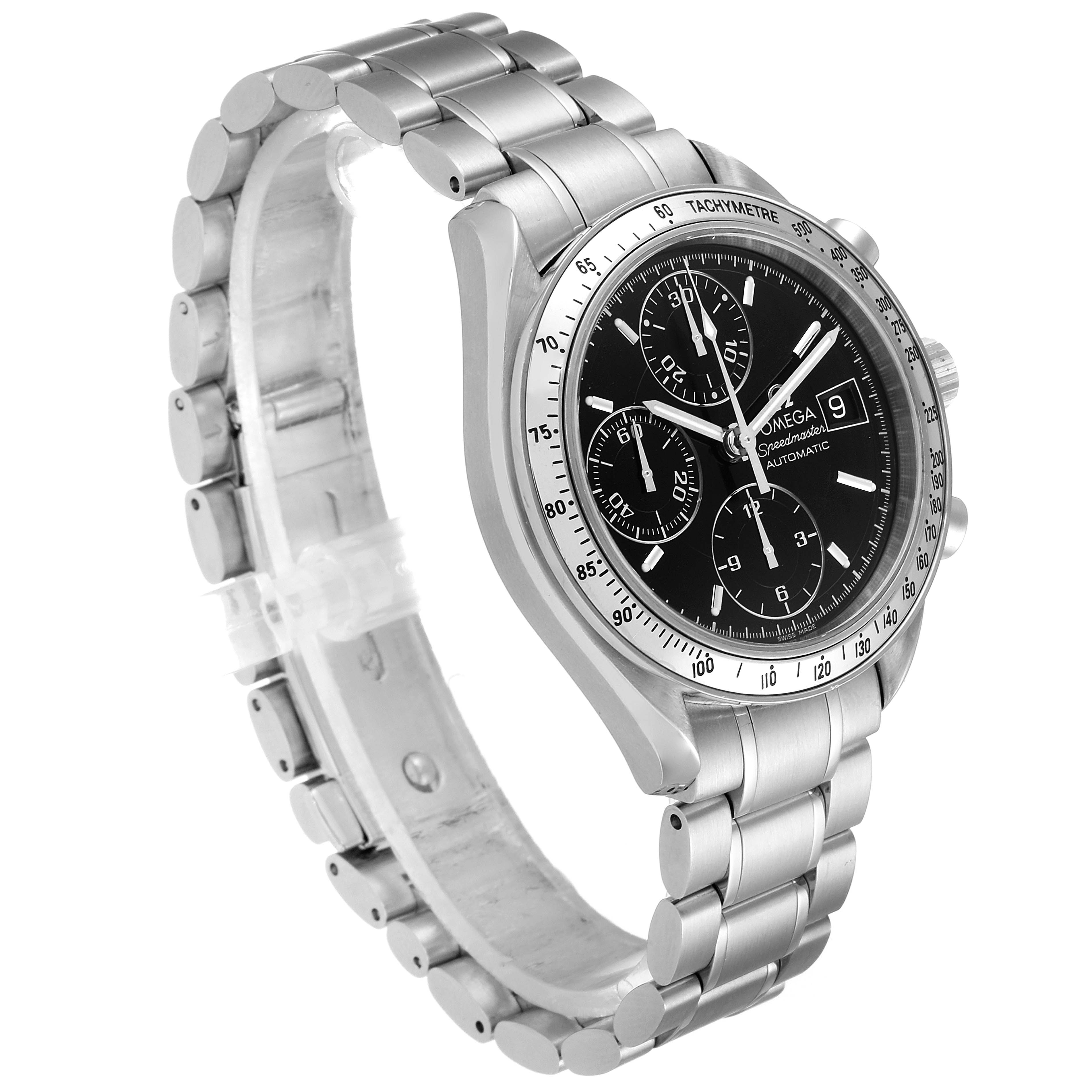 This is a side angle view of an Omega Speedmaster 3513.50.00 Men's Stainless Steel Black Dial 3513.50.00 Men's Stainless Steel Black Dial watch showing its black dial, tachymeter bezel, and stainless steel bracelet.