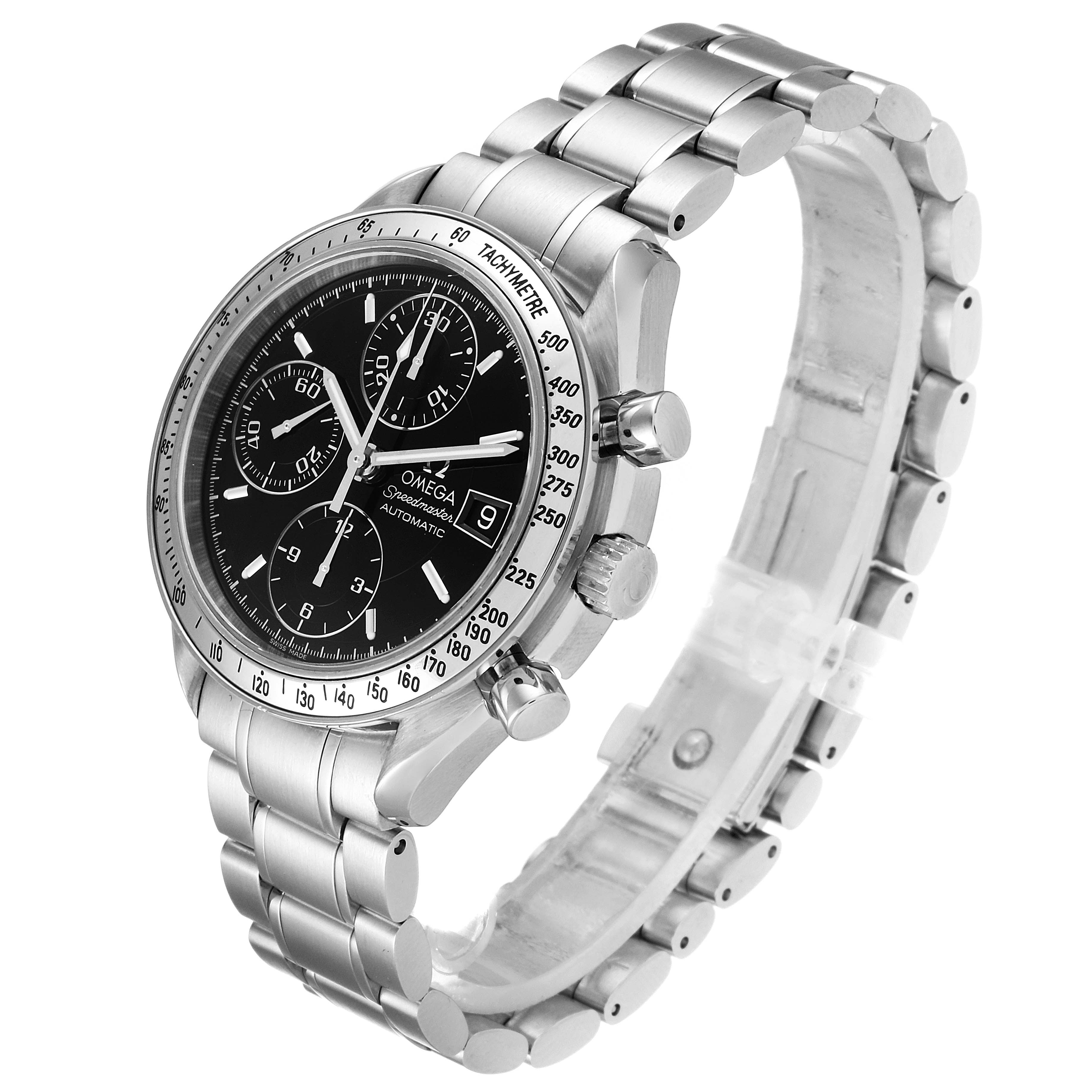 This image shows an Omega Speedmaster 3513.50.00 Men's Stainless Steel Black Dial 3513.50.00 Men's Stainless Steel Black Dial watch from a three-quarter angle, highlighting its black dial, chronograph subdials, and metal bracelet.