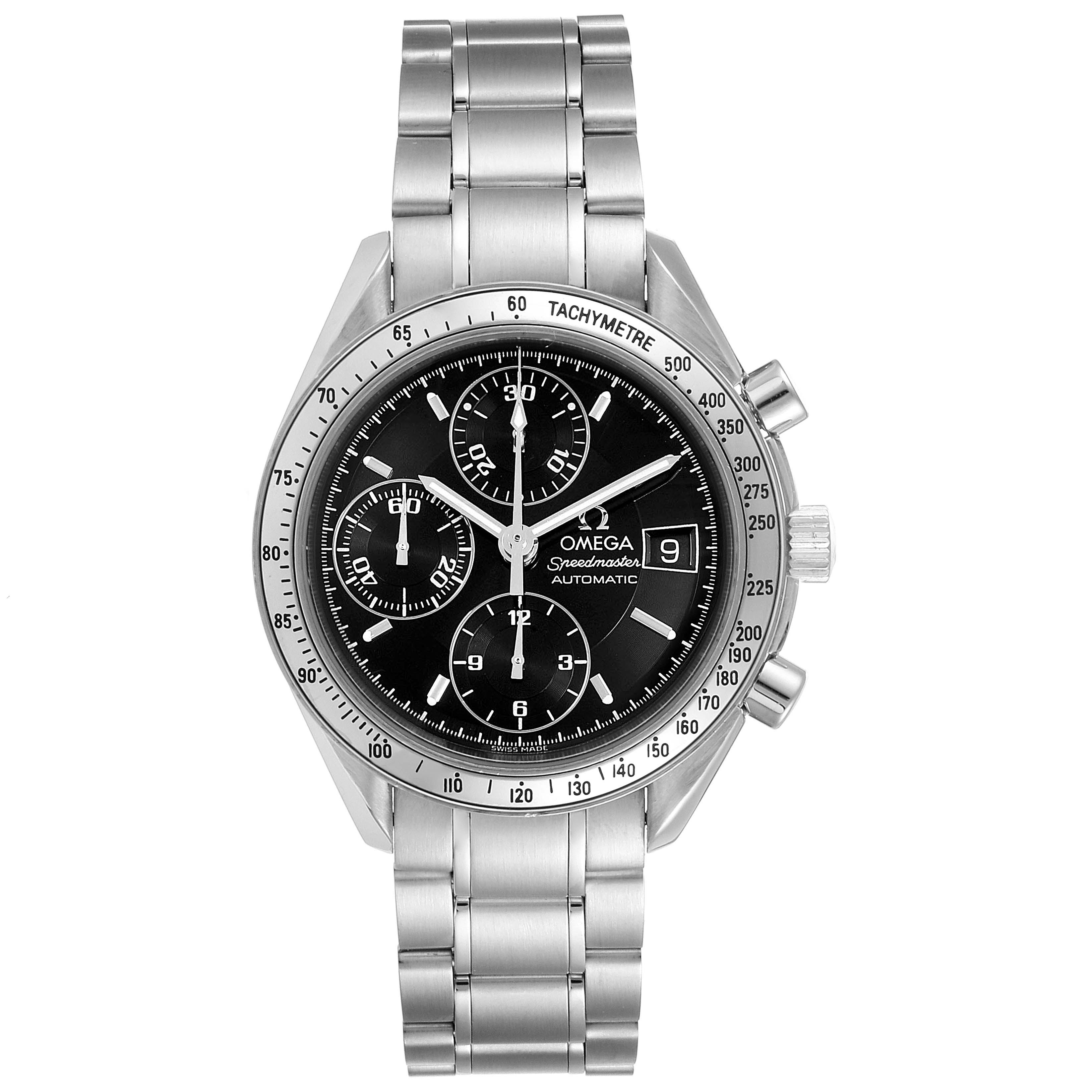 This image shows a frontal view of the Omega Speedmaster 3513.50.00 Men's Stainless Steel Black Dial 3513.50.00 Men's Stainless Steel Black Dial watch, displaying the dial, tachymeter bezel, and stainless steel bracelet.