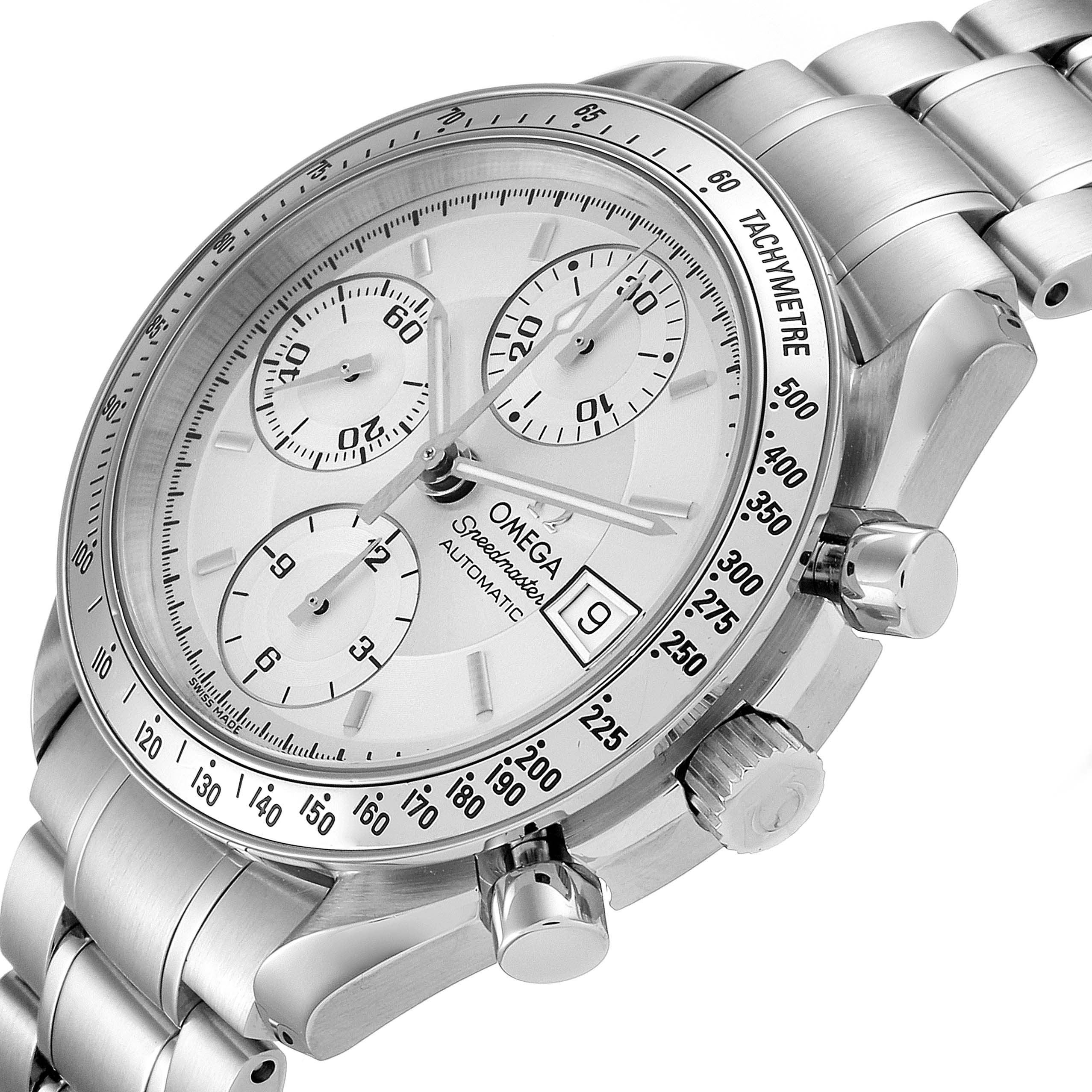 A tilted close-up of an Omega Speedmaster 3513.30.00 Men
s Stainless Steel Silver Dial 3513.30.00 Men
s Stainless Steel Silver Dial watch showing its dial, chronograph subdials, date window, and part of the bracelet.
