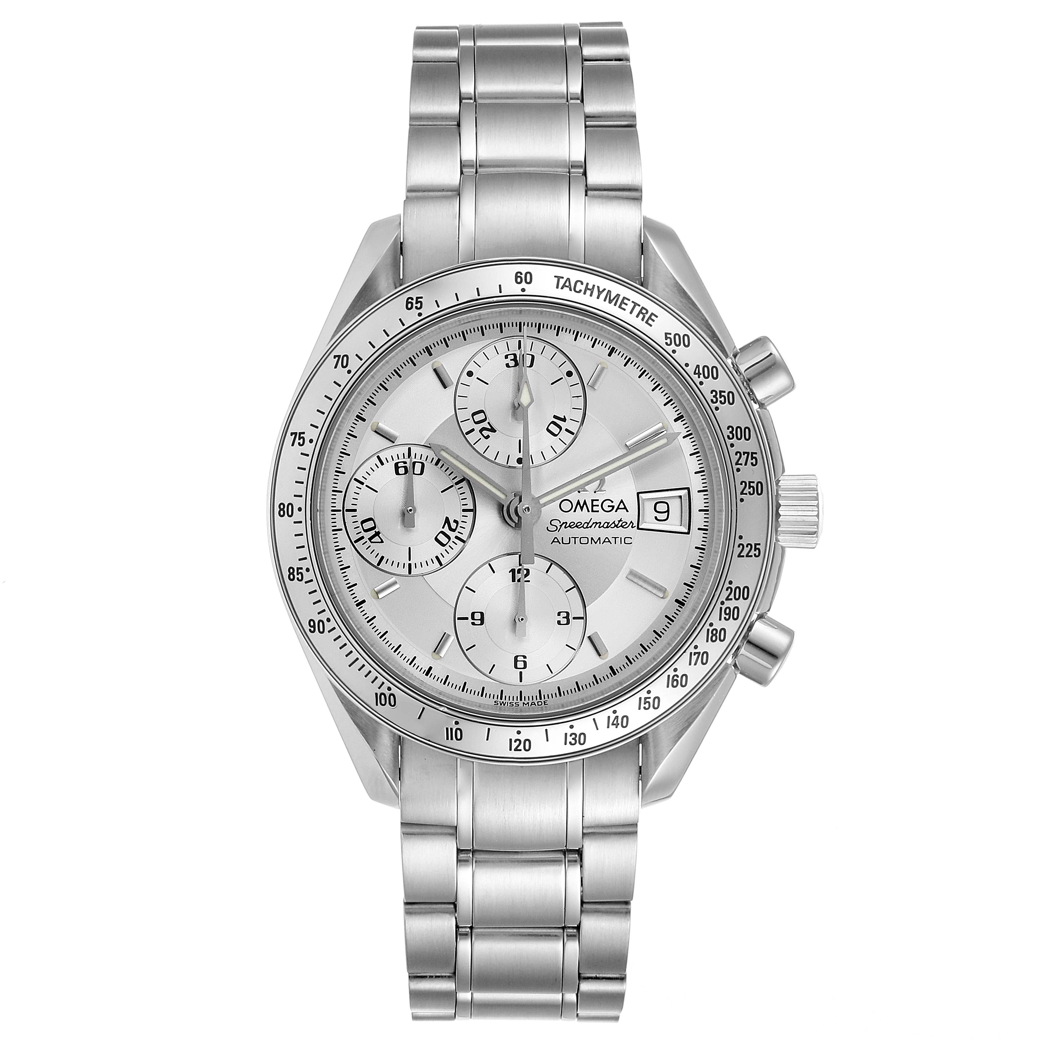 The photo shows a front view of the Omega Speedmaster 3513.30.00 Men
s Stainless Steel Silver Dial 3513.30.00 Men
s Stainless Steel Silver Dial watch, displaying its stainless steel bracelet, chronograph dials, and date window.
