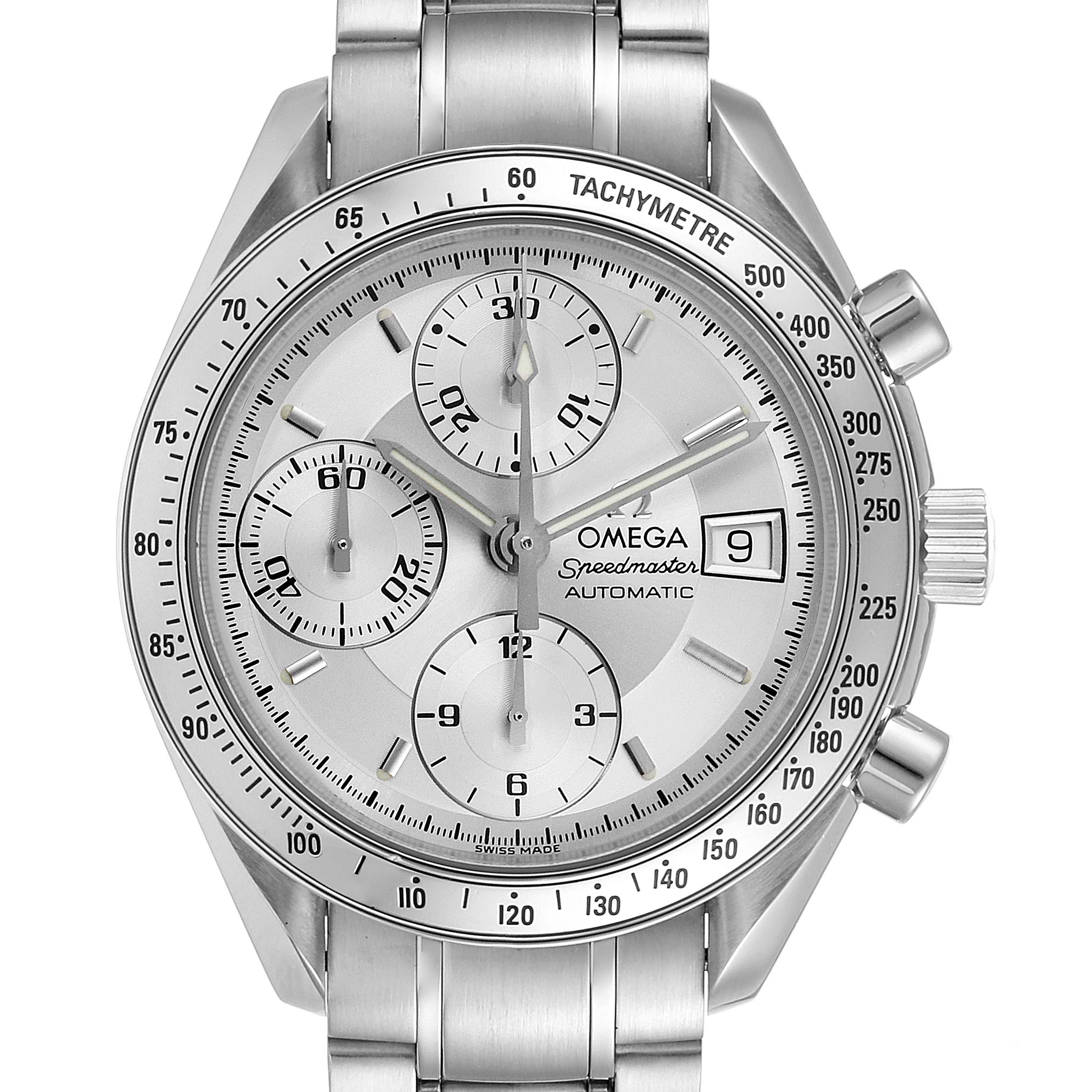 This Omega Speedmaster 3513.30.00 Men
s Stainless Steel Silver Dial 3513.30.00 Men
s Stainless Steel Silver Dial watch is shown from the front, displaying the dial, subdials, date window, and stainless steel bracelet.