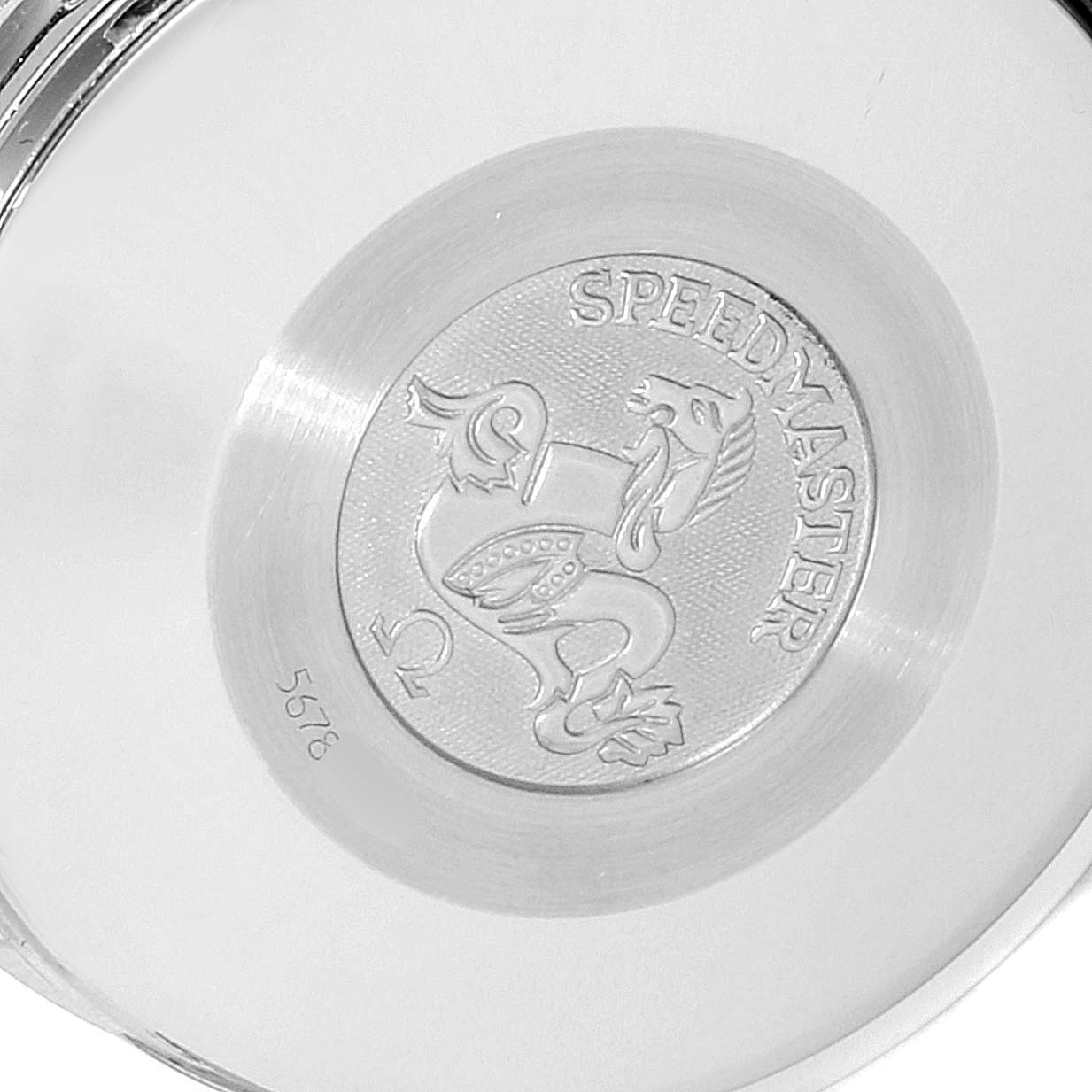 The image shows the back case of an Omega Speedmaster 3513.30.00 Men
s Stainless Steel Silver Dial 3513.30.00 Men
s Stainless Steel Silver Dial watch, featuring the inscription and emblem.