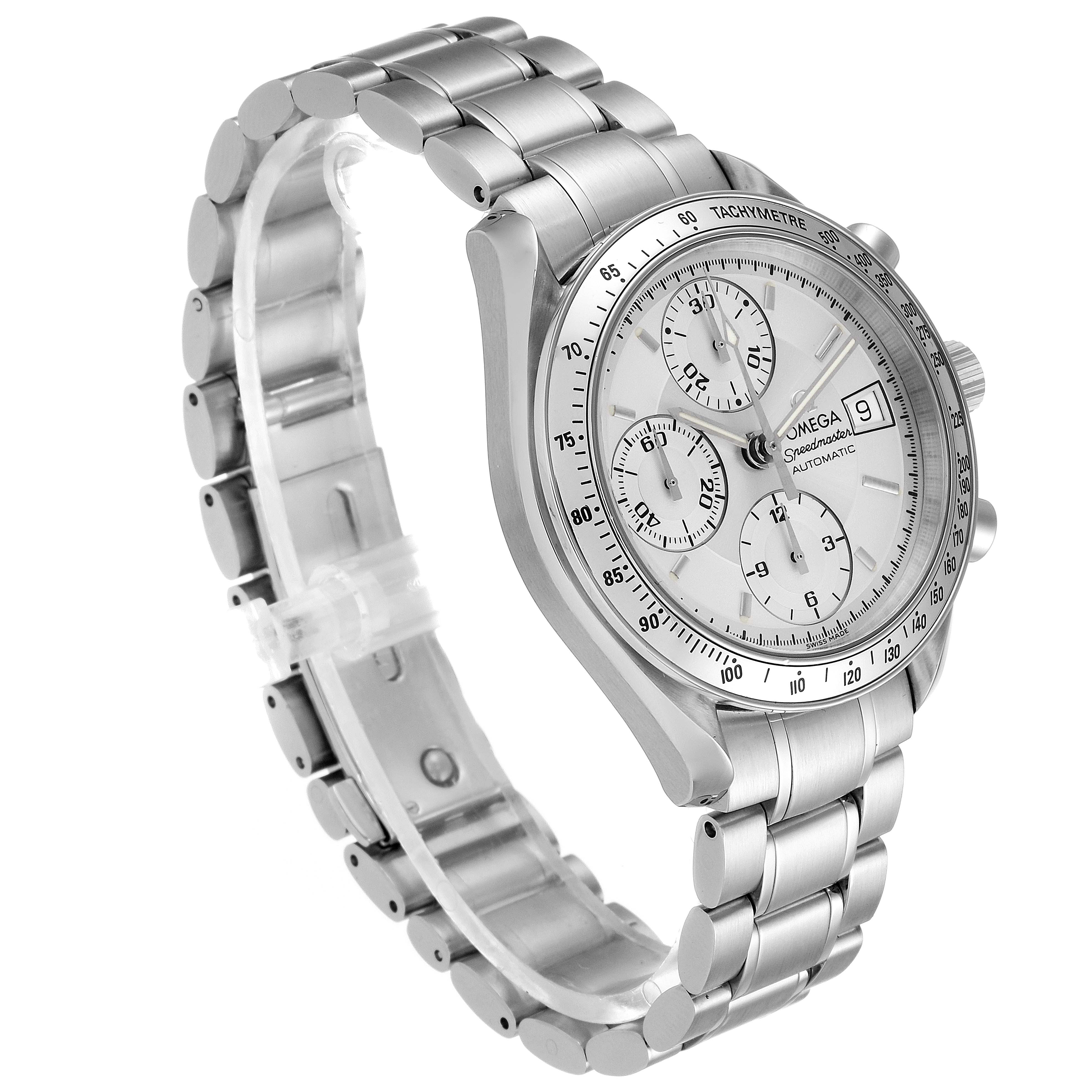The Omega Speedmaster 3513.30.00 Men
s Stainless Steel Silver Dial 3513.30.00 Men
s Stainless Steel Silver Dial watch is shown at a three-quarter angle, highlighting the case, bezel, and bracelet.
