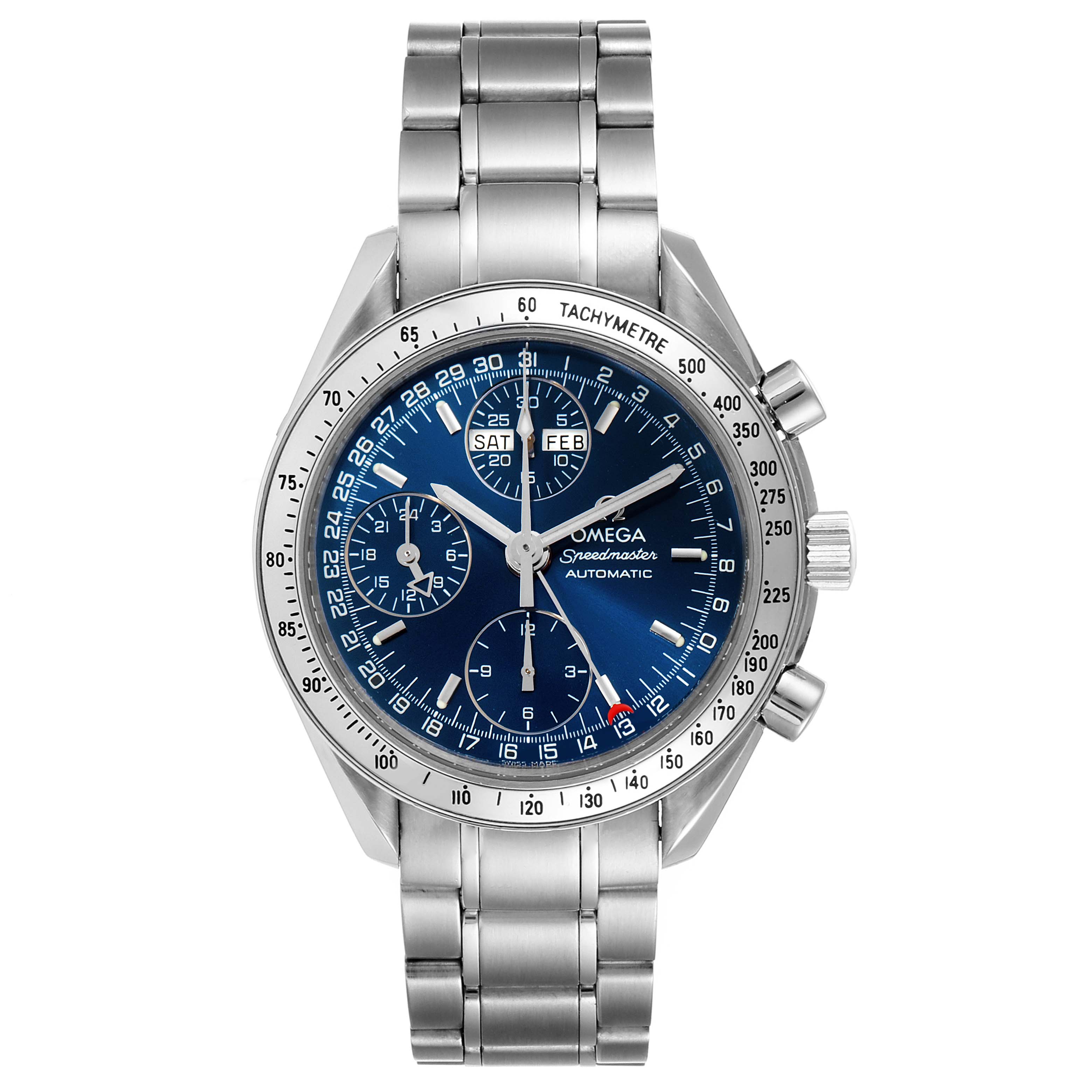 The Omega Speedmaster 3523.80.00 Men
s Stainless Steel Blue Dial 3523.80.00 Men
s Stainless Steel Blue Dial watch is shown from a front angle, displaying its face, bezel, and stainless steel bracelet.
