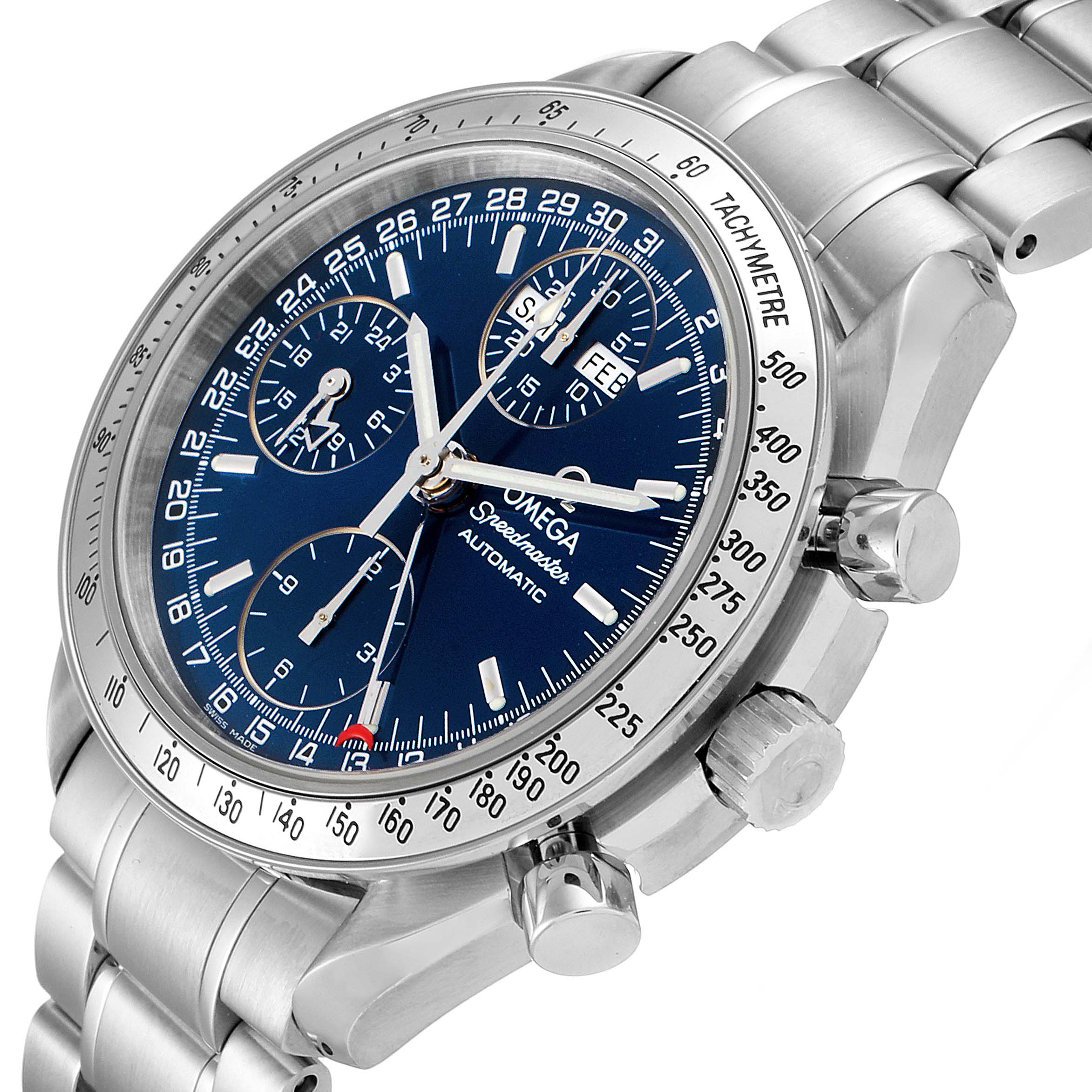 The Omega Speedmaster 3523.80.00 Men
s Stainless Steel Blue Dial 3523.80.00 Men
s Stainless Steel Blue Dial watch is shown at an angled close-up, highlighting its crown, pushers, and stainless steel bracelet.