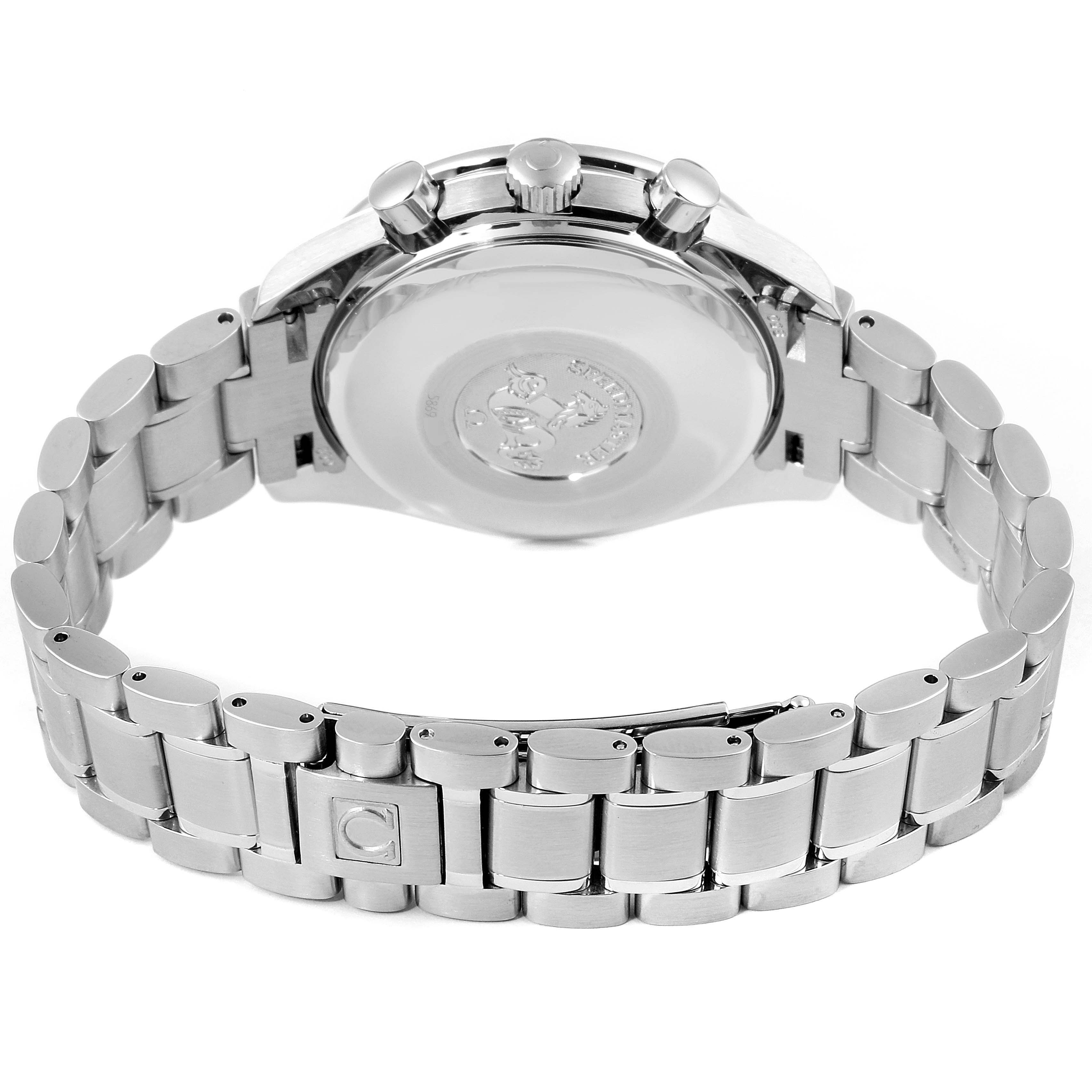 The image shows the back view of an Omega Speedmaster 3523.80.00 Men
s Stainless Steel Blue Dial 3523.80.00 Men
s Stainless Steel Blue Dial, highlighting its case back, bracelet, and deployment clasp.