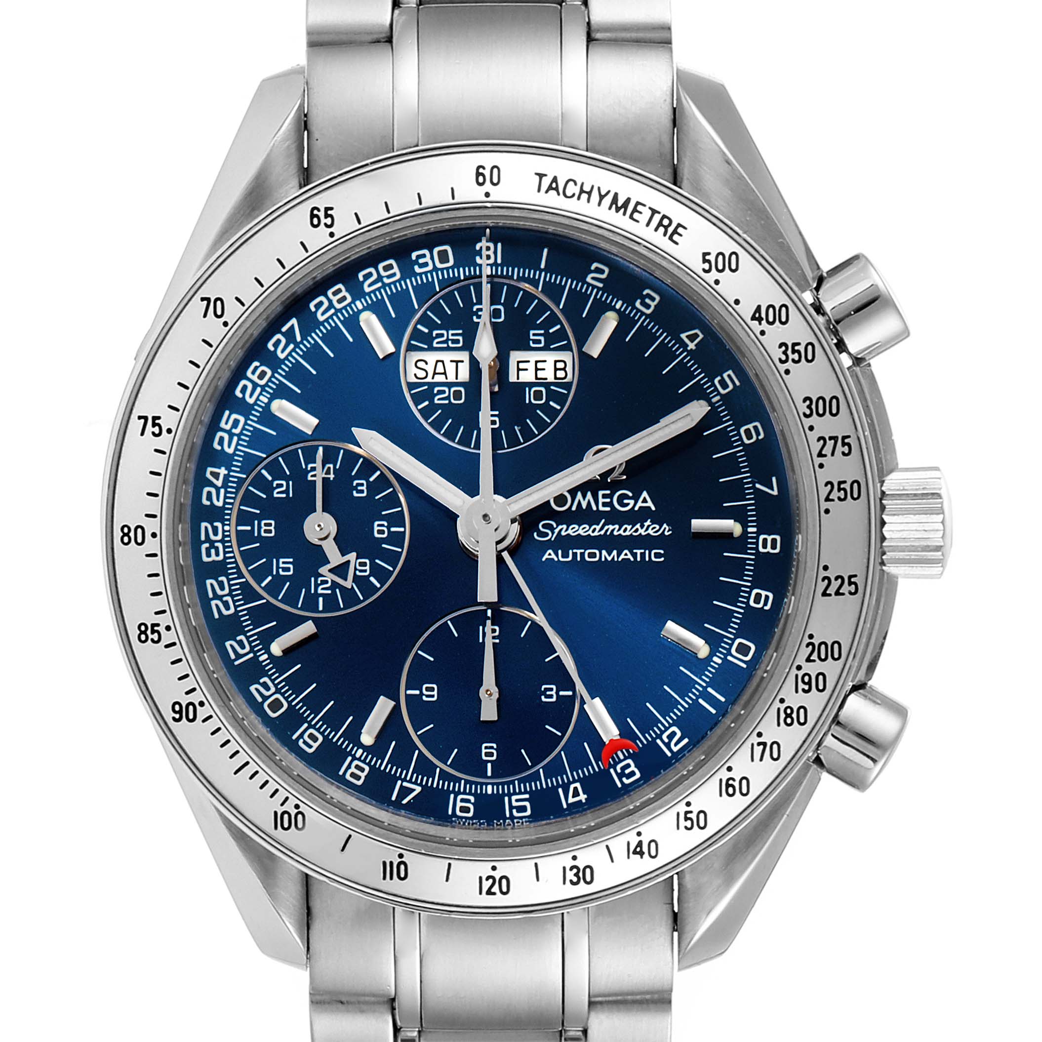 The image shows a front view of the Omega Speedmaster 3523.80.00 Men
s Stainless Steel Blue Dial 3523.80.00 Men
s Stainless Steel Blue Dial, highlighting its blue dial, sub-dials, and tachymeter bezel.