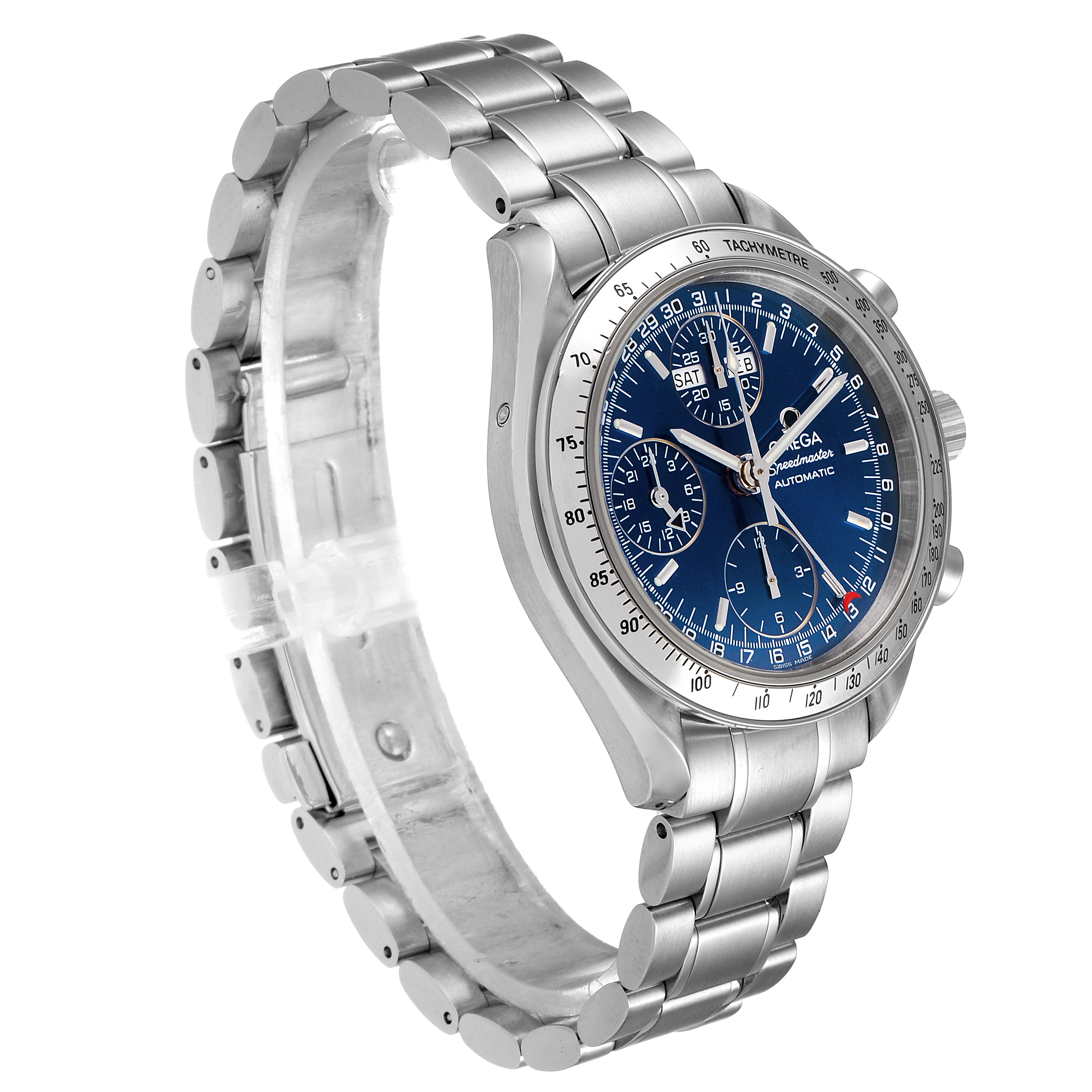 This image shows a side angle of an Omega Speedmaster 3523.80.00 Men
s Stainless Steel Blue Dial 3523.80.00 Men
s Stainless Steel Blue Dial watch, highlighting its blue dial, stainless steel case, and bracelet.