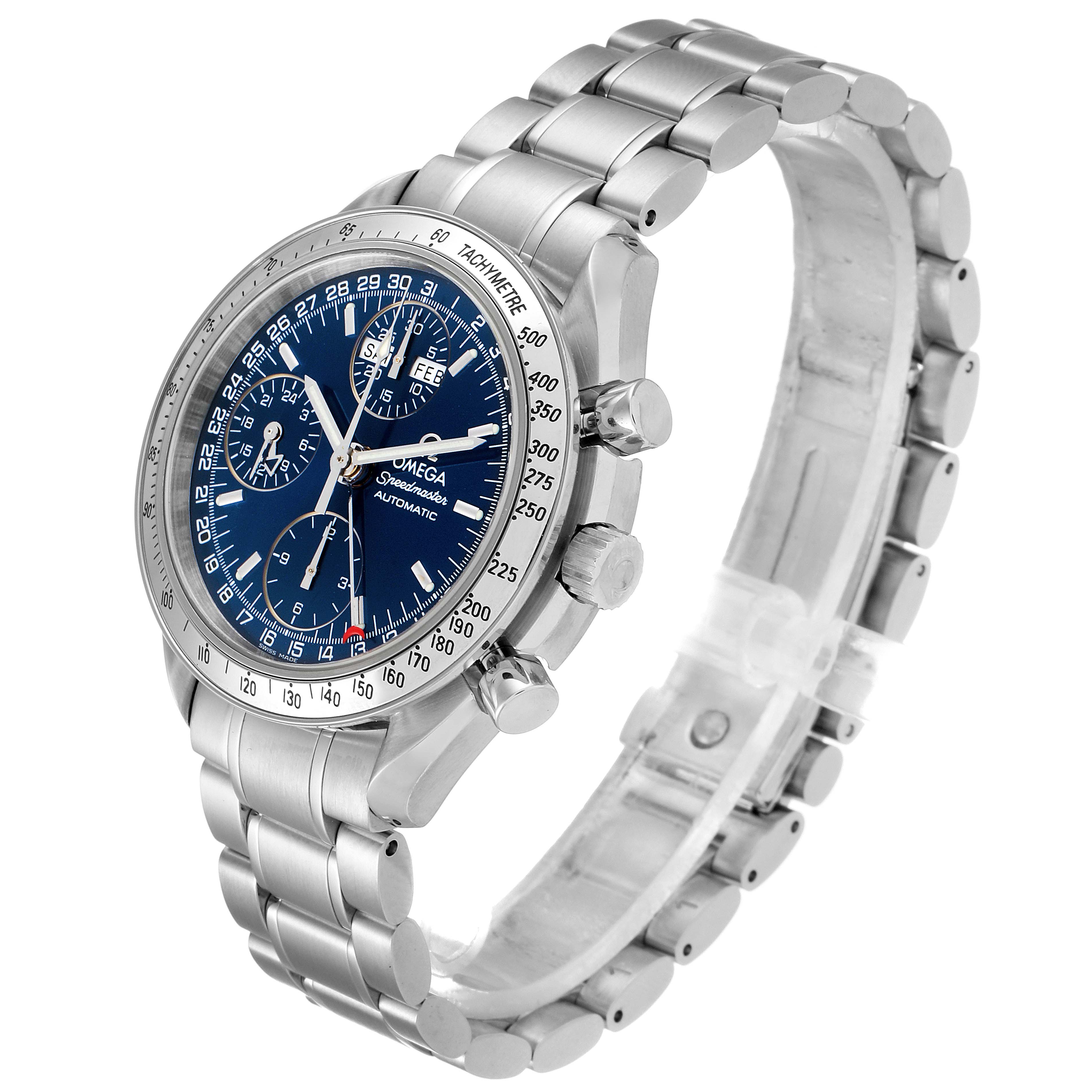 The Omega Speedmaster 3523.80.00 Men
s Stainless Steel Blue Dial 3523.80.00 Men
s Stainless Steel Blue Dial watch is shown at a three-quarter angle, capturing the bracelet, bezel, and three subdials.