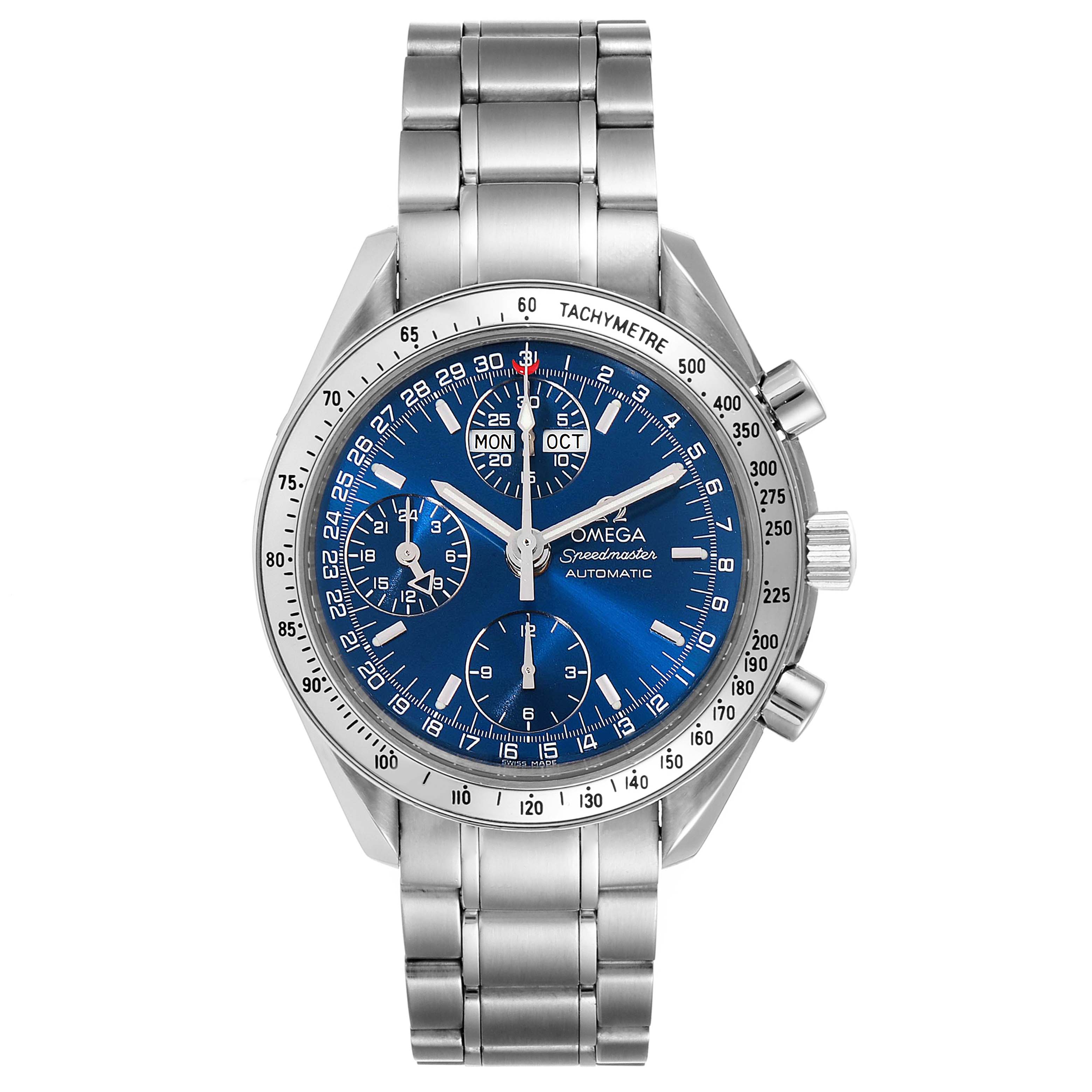 The image shows a front view of an Omega Speedmaster 3523.80.00 Men
s Stainless Steel Blue Dial 3523.80.00 Men
s Stainless Steel Blue Dial watch with a blue dial and a metal bracelet.