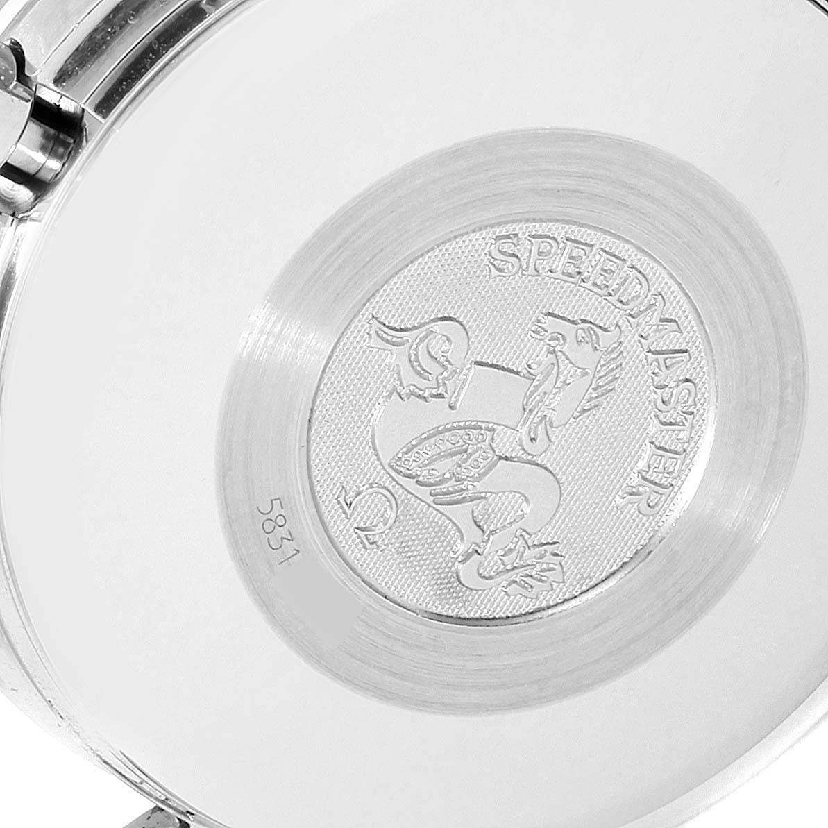 The image displays the case back of an Omega Speedmaster 3523.80.00 Men
s Stainless Steel Blue Dial 3523.80.00 Men
s Stainless Steel Blue Dial watch, featuring the engraved Speedmaster logo.