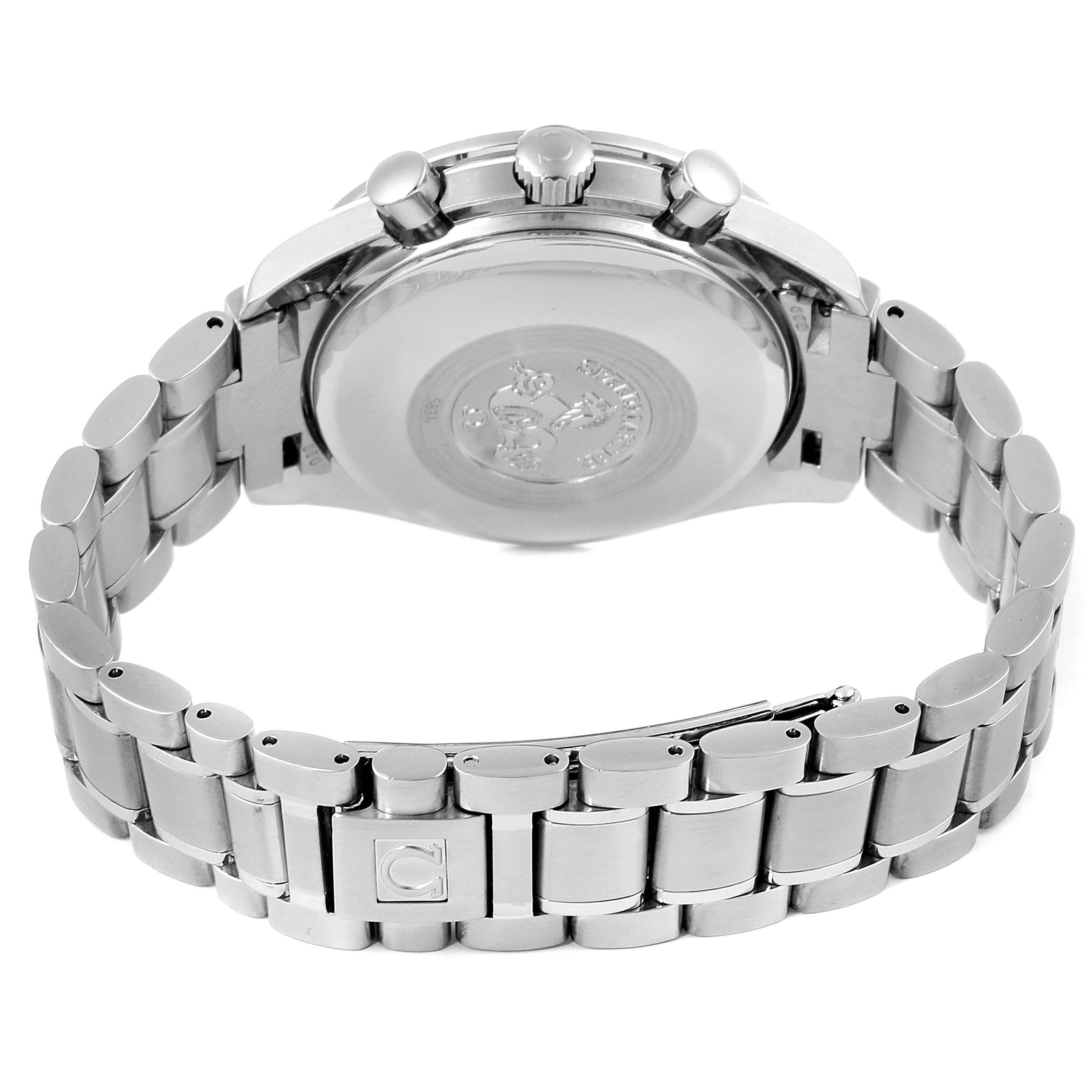 The image shows the back case, crown, pushers, and bracelet of an Omega Speedmaster 3523.80.00 Men
s Stainless Steel Blue Dial 3523.80.00 Men
s Stainless Steel Blue Dial watch from a rear angle.