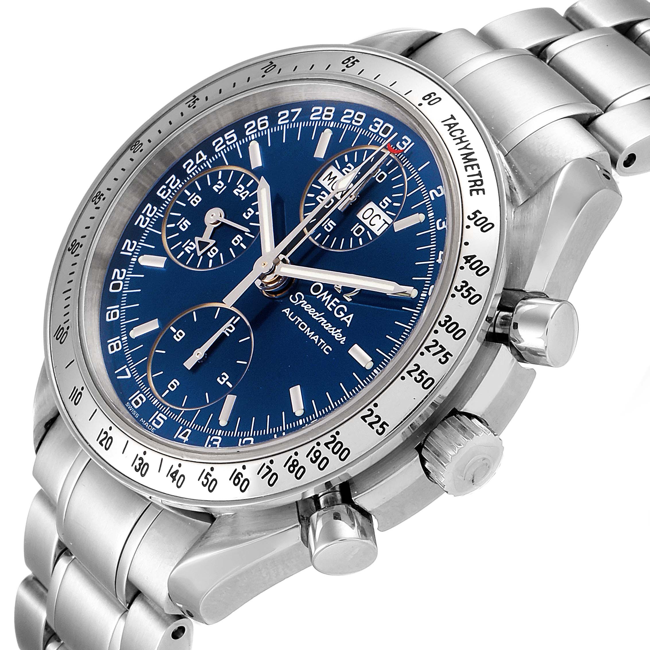 The image shows an angled view of the Omega Speedmaster 3523.80.00 Men
s Stainless Steel Blue Dial 3523.80.00 Men
s Stainless Steel Blue Dial, highlighting its blue dial, sub-dials, tachymeter bezel, and metal bracelet.