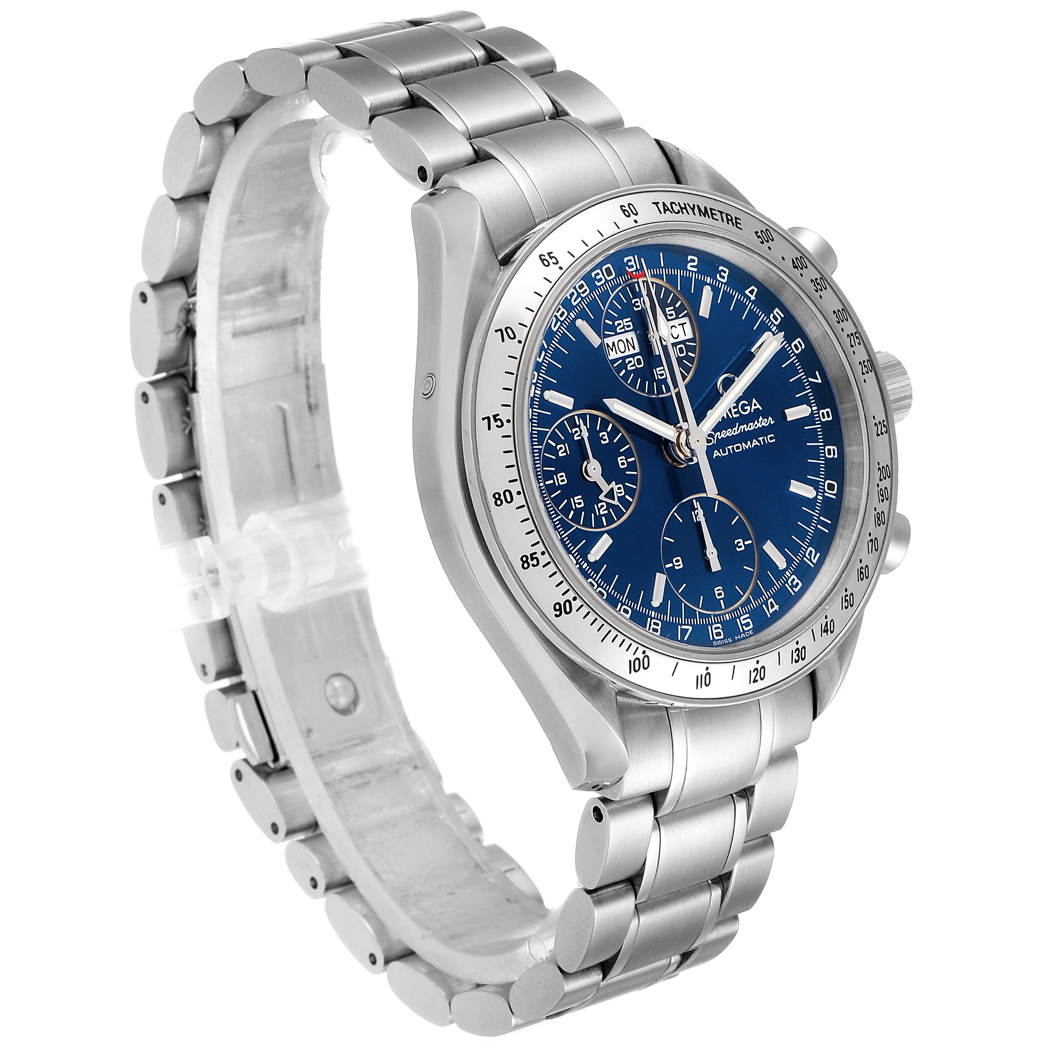 The Omega Speedmaster 3523.80.00 Men
s Stainless Steel Blue Dial 3523.80.00 Men
s Stainless Steel Blue Dial watch is shown at a slight angle, displaying its blue dial, metal bracelet, and tachymeter bezel.