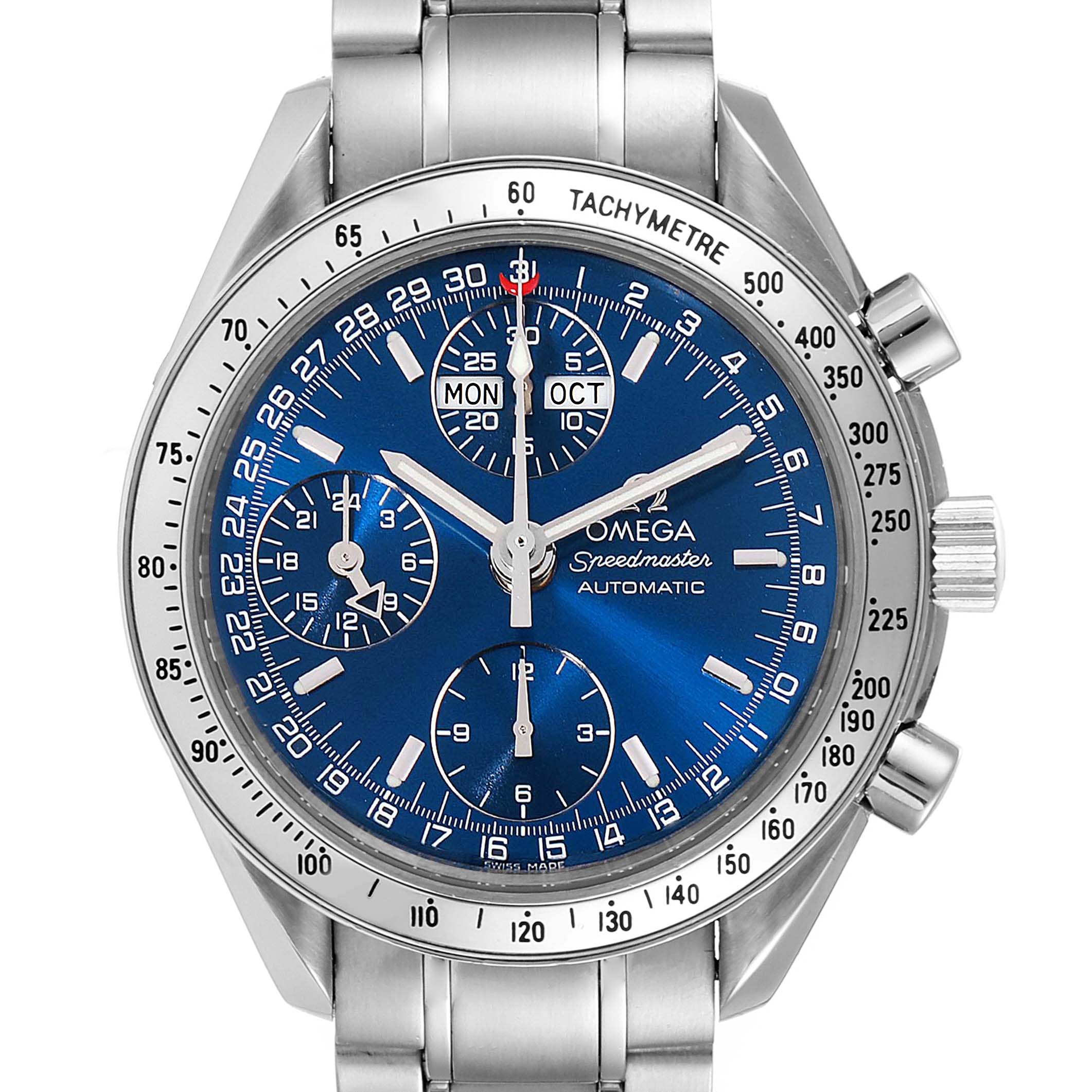 This image shows a frontal view of an Omega Speedmaster 3523.80.00 Men
s Stainless Steel Blue Dial 3523.80.00 Men
s Stainless Steel Blue Dial watch, highlighting its blue dial, tachymeter bezel, and stainless steel bracelet.