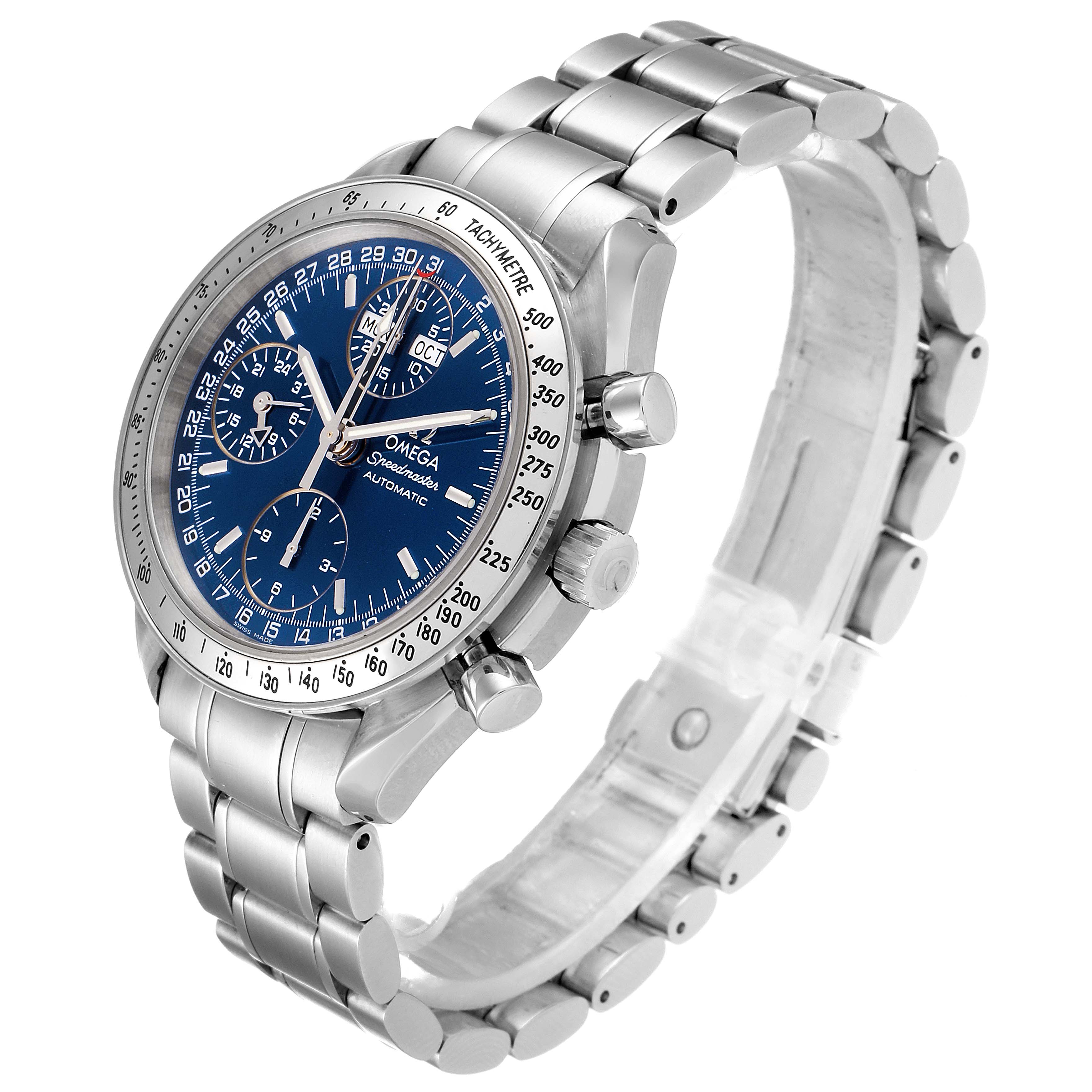 This Omega Speedmaster 3523.80.00 Men
s Stainless Steel Blue Dial 3523.80.00 Men
s Stainless Steel Blue Dial watch is shown at a slight angle, highlighting its blue dial, chronograph sub-dials, and stainless steel bracelet.