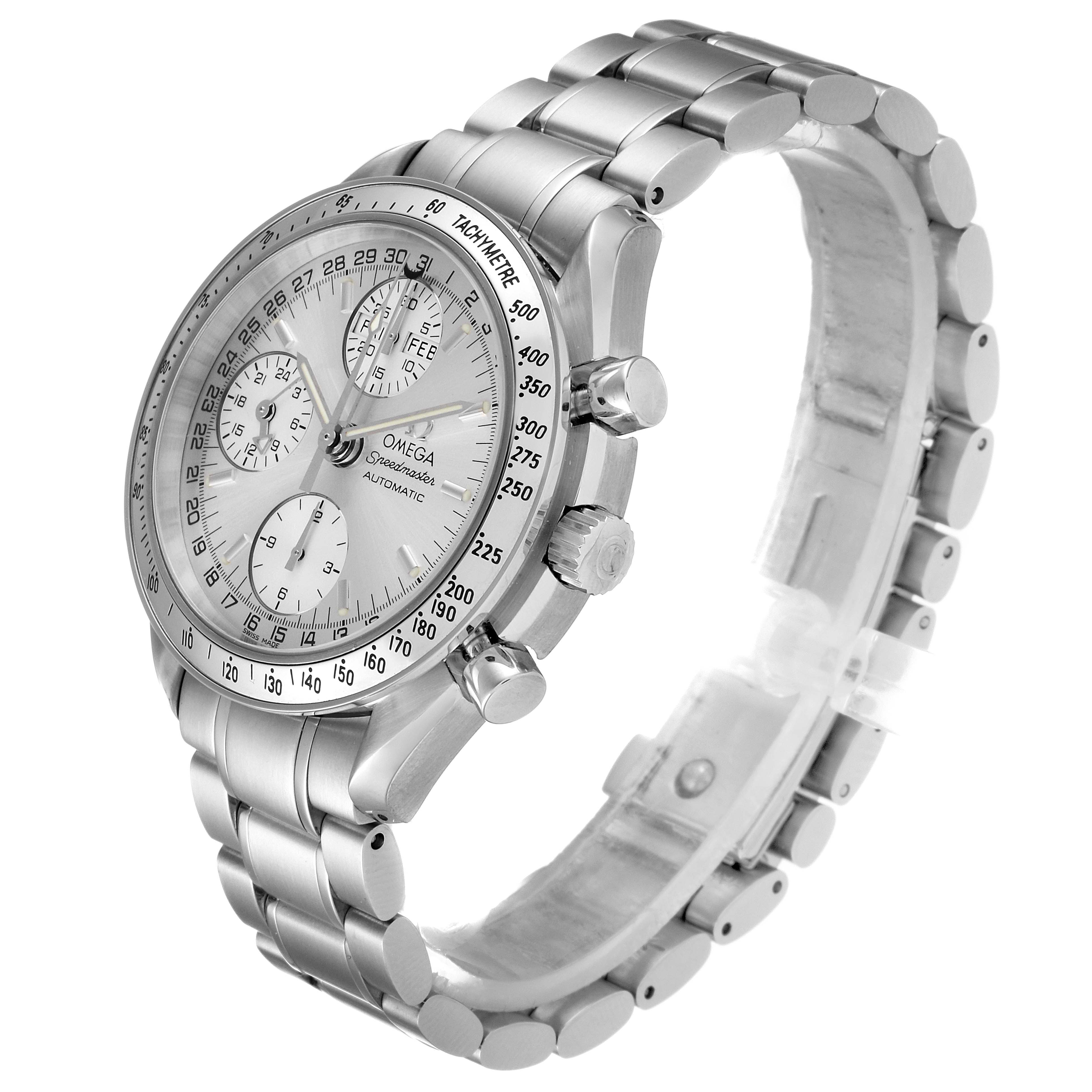 The image shows a side angle of the Omega Speedmaster 3523.30.00 Men
s Stainless Steel Silver Dial 3523.30.00 Men
s Stainless Steel Silver Dial watch, featuring its dial, bezel, pushers, and bracelet.